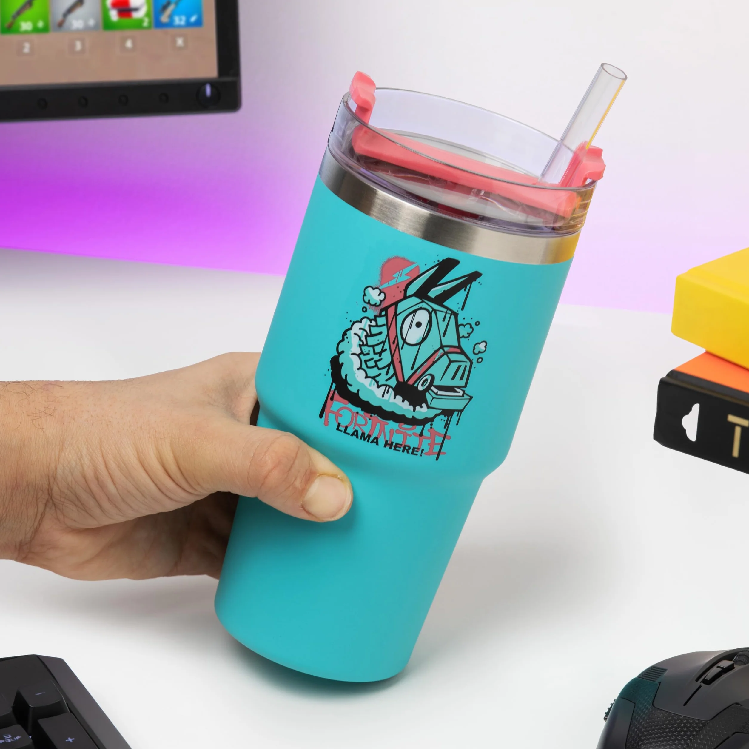 Paladone Fortnite 600 ml niebieski izolowany kubek z słomką oficjalnie licencjonowana butelka na wodę