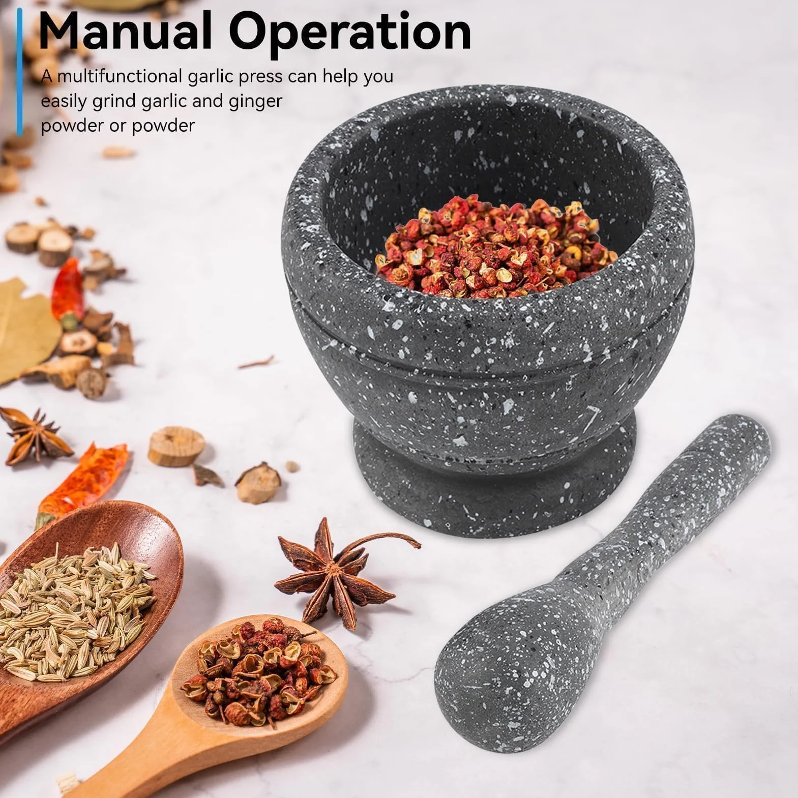 Moździerz i tłuczek, miska do mielenia z młotkiem prętowym, sos tłuczek do czosnku młynek ręczny kruszarka gadżety kuchenne przyprawy do przypraw(Black Granite Grain)