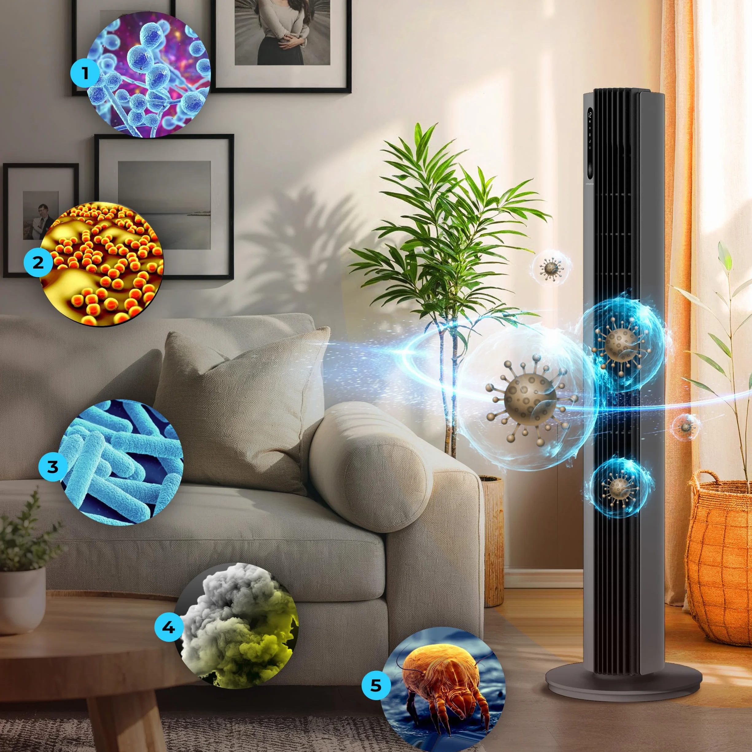 Wentylator kolumnowy 110cm PURE Jonizacja Plazmowa WiFi Tuya Smart Life, 12 prędkości, 30W, Timer 12h, Bardzo cichy wiatrak stojący z pilotem, Tower Fan, Nowoczesny klimatyzer wieżowy, Szary