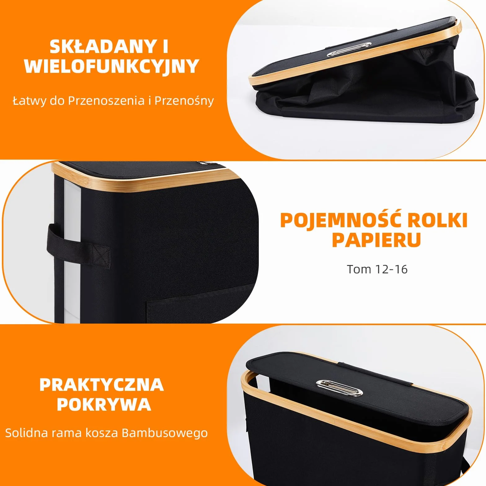 OUSFOT Kosz do Przechowywania Papieru Toaletowego, 32L Organizer Lazienkowy z Pokrywką do przechowywania 12 rolek Kosz na Papier Toaletowy Czarny