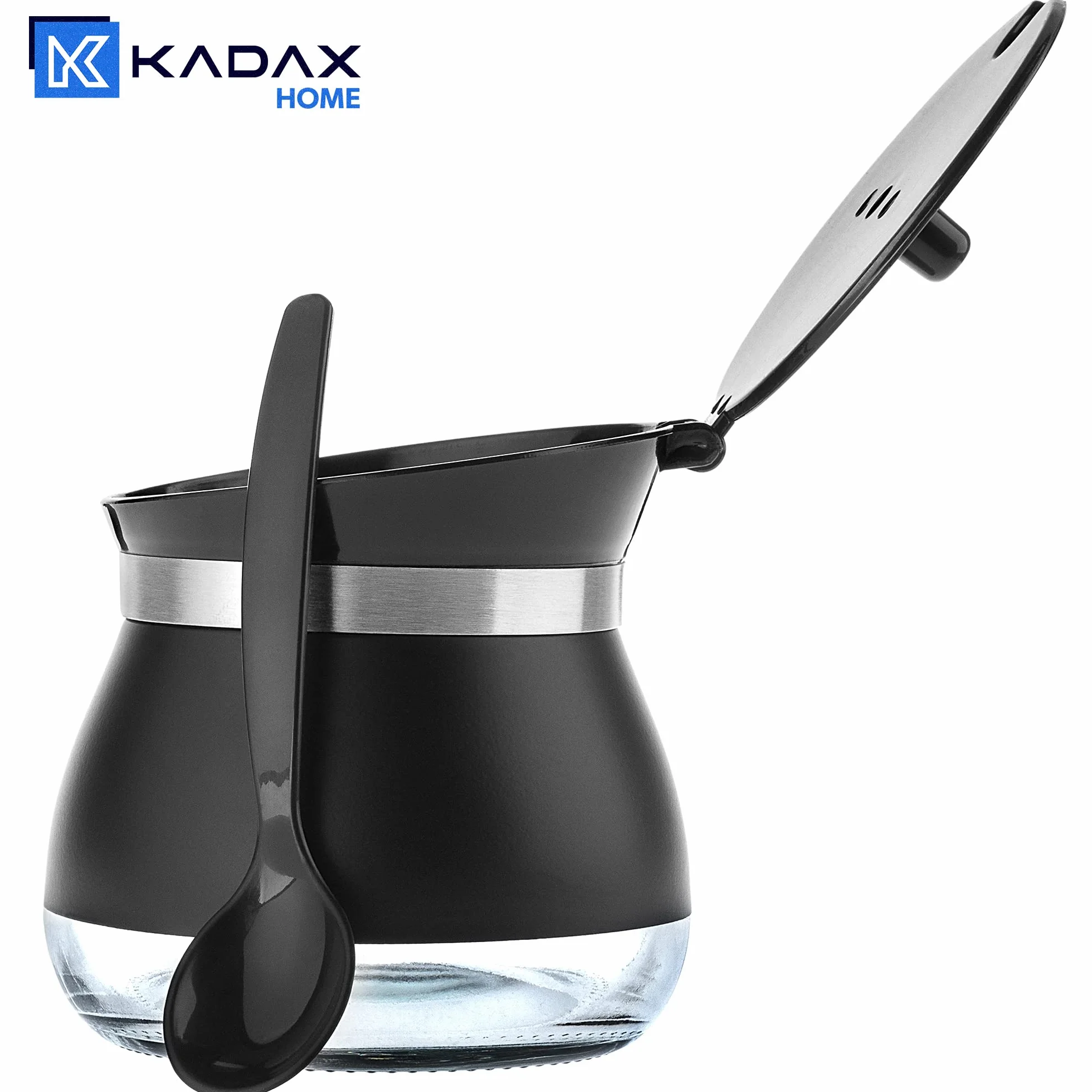 KADAX Cukiernica z łyżeczką 270 ml do podawania cukru do kawy i herbaty, czarna, ma pokrywkę i chroni przed wilgocią oraz rozsypaniem.