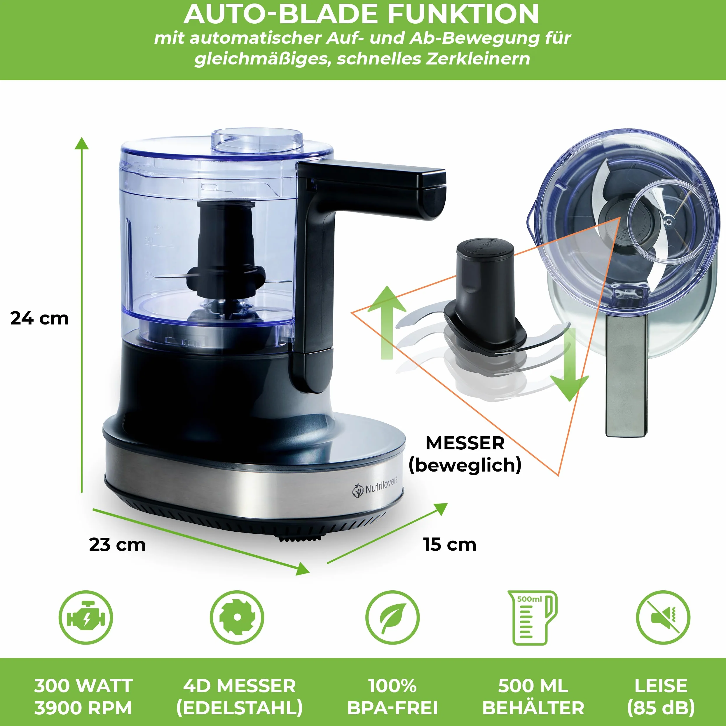 NUTRI-CHOPPER 4D rozdrabniacz kuchenny elektryczny z funkcją AUTO-BLADE, nie zawiera BPA, niemiecka marka, uniwersalny rozdrabniacz do cebuli, mięsa, orzechów pesto