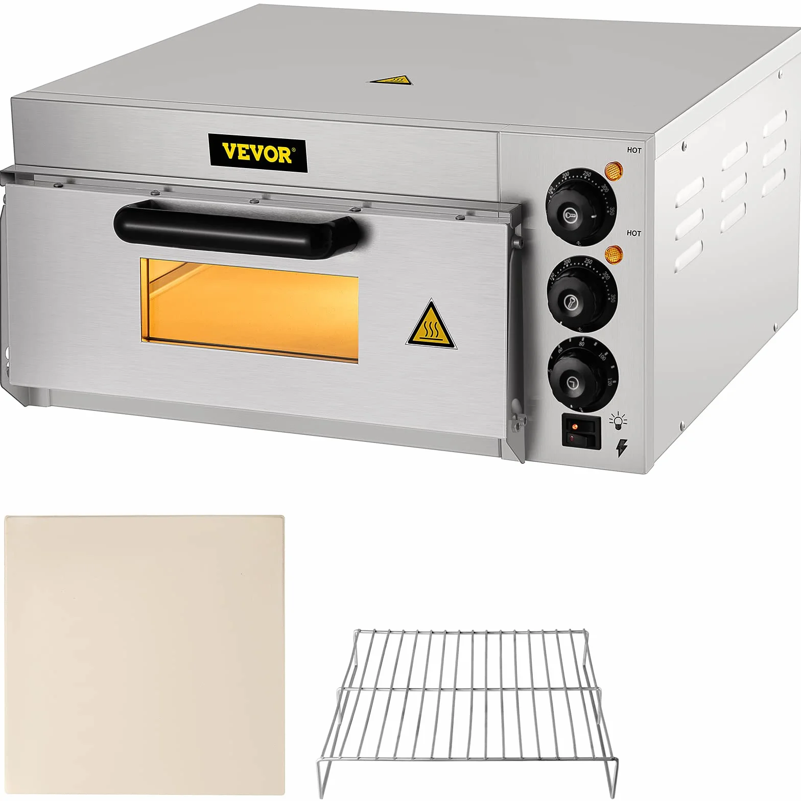 VEVOR Elektryczny piec do pizzy na desery, mięso, ryby, jednokomorowy 2000W, oświetlenie wewnętrzne, piekarnik elektryczny z regulacją temperatury 50-350 ℃ Kamień do pizzy o średnicy 14 cali, Srebrny