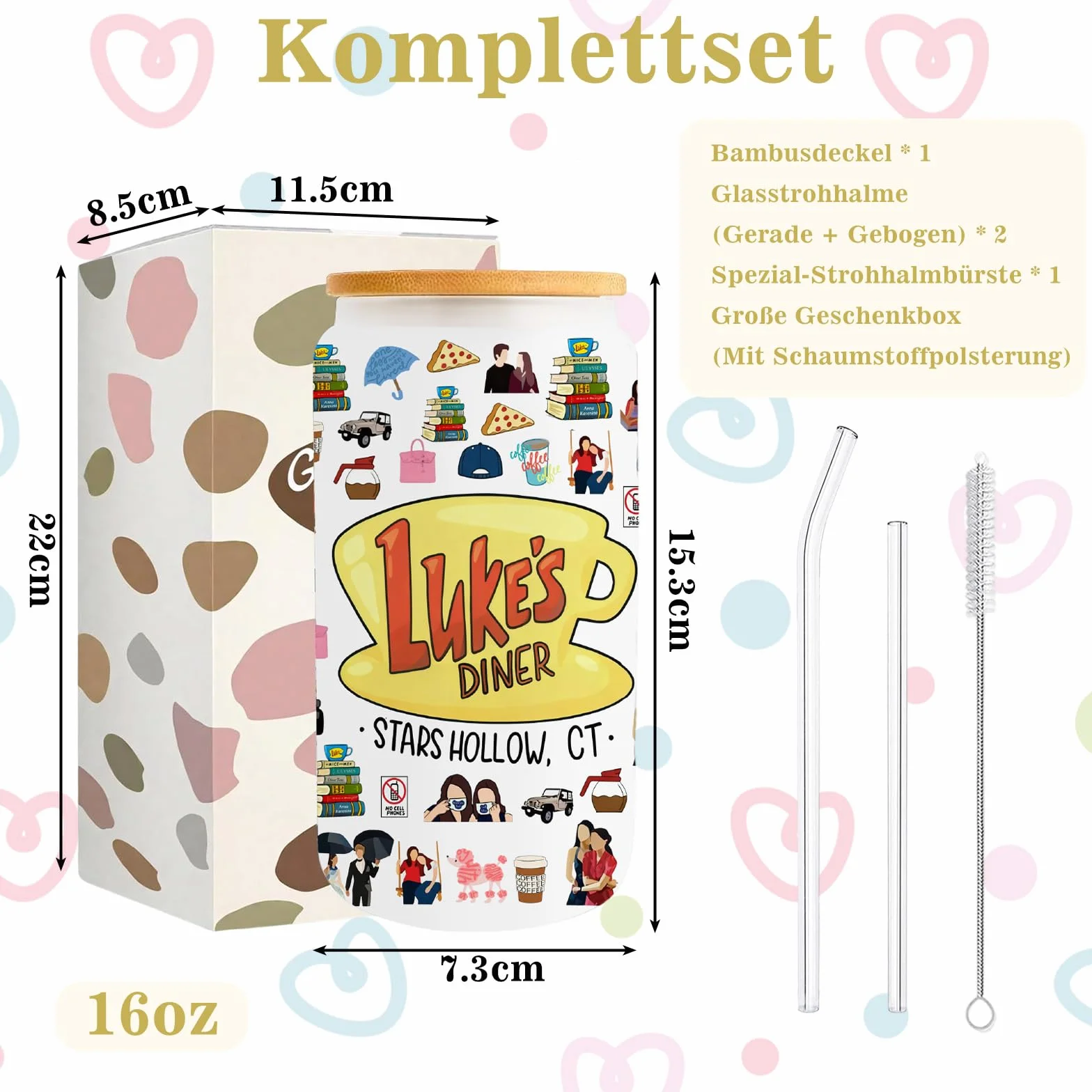 gilmore girls merch szklanka ze słomką i pokrywką, kompletny zestaw i dwustronny nadruk, kubek szklany dla dziewcząt, nastolatków, fanów, na prezent, do kawy, soku, koktajli, 500 ml