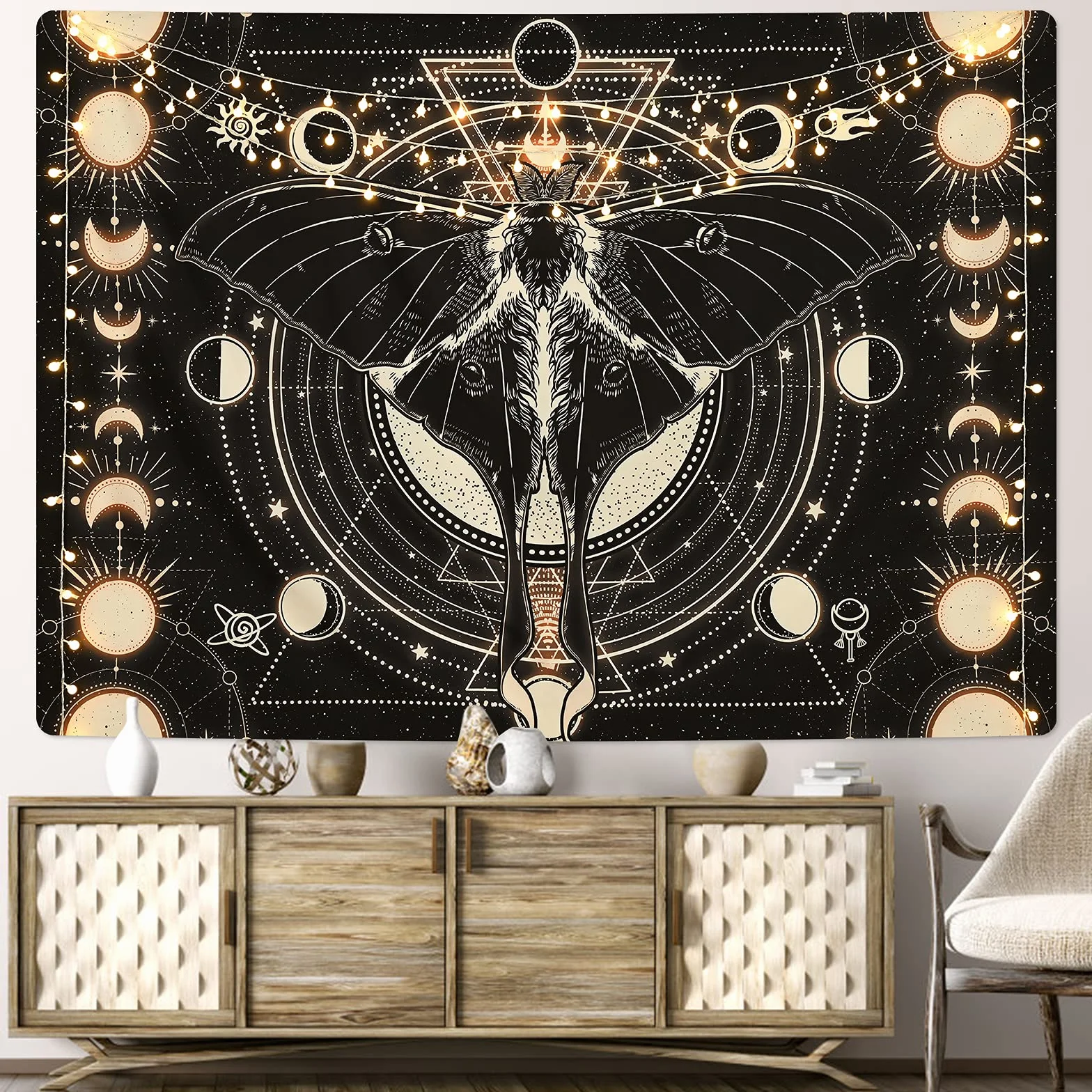 Yrendenge Mote, ozdoba na ścianę, czarna, słońce, księżyc, dekoracja ścienna do sypialni, 150 x 130 cm