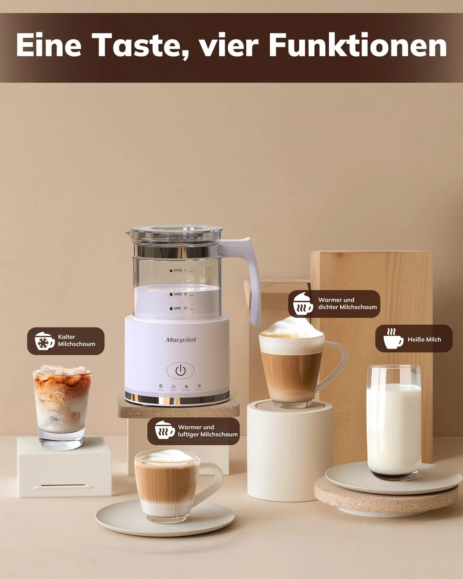 Morpilot spieniacz do mleka elektryczny, 130-500ml 600W, 4 w 1 spieniacz do mleka na gorąco i na zimno, odporny na zmywarkę, szkło wizualne, design latte, biały