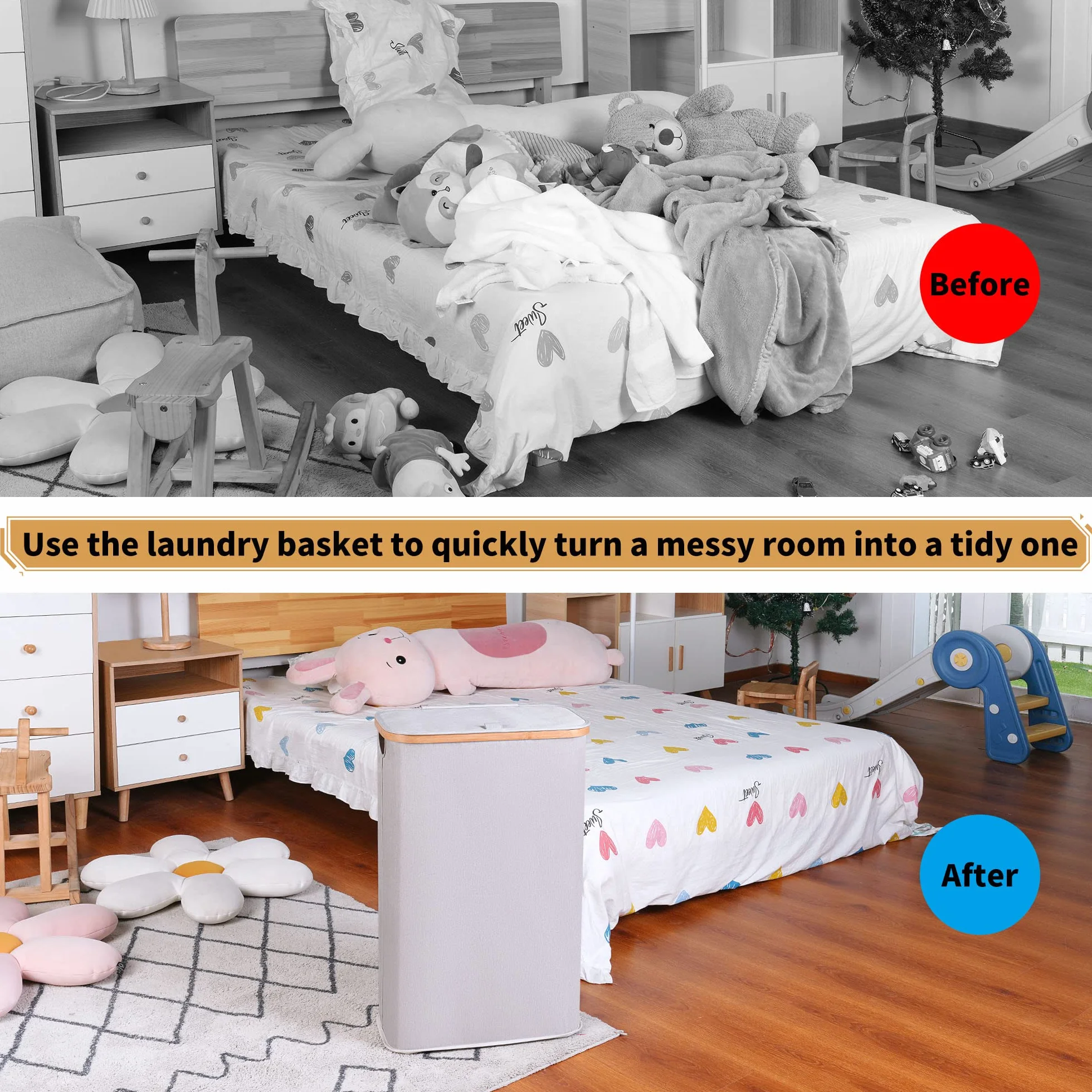 iEGrow Kosz na pranie, wąski kosz na pranie 60 l z wyjmowaną i nadającą się do prania torbą wewnętrzną, składany organizer, z bambusowym uchwytem i pokrywką (jasnoszary)