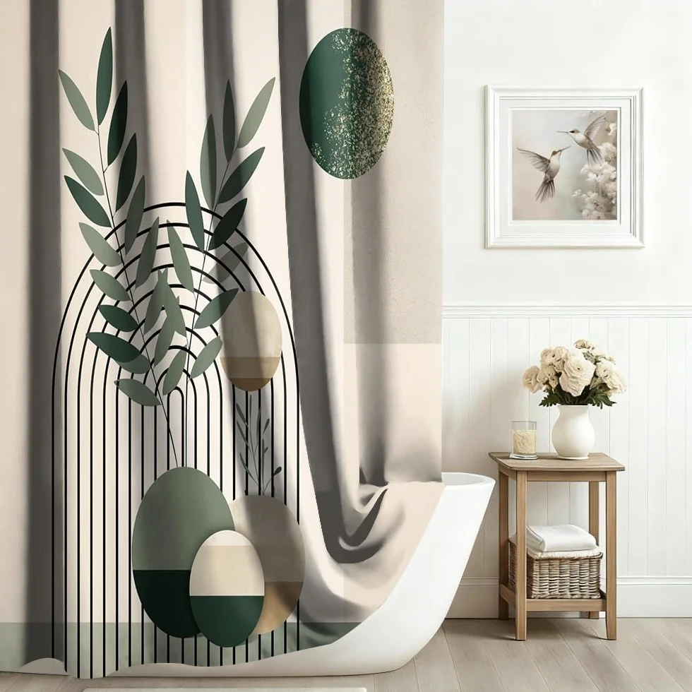 Boho zasłona prysznicowa zielone liście szałwii w stylu mid-century zasłona łazienkowa minimalistyczna geometryczna estetyczna roślina złote kropki odporna na pleśń i grzyb nadająca się do