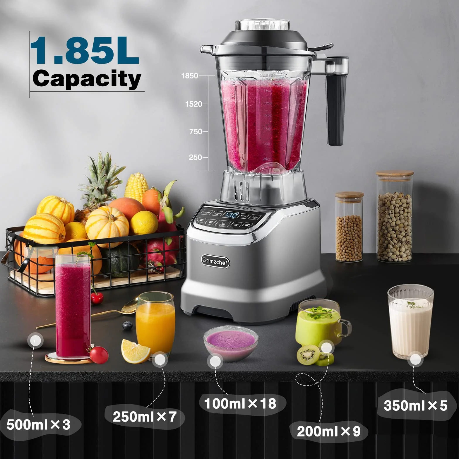 AMZCHEF Blender Smoothie Maker Two Blending Containers - Mikser Stojący High Performance Mikser o Wysokiej Wydajnośc with LED - 1200W 20000 RPM Stand Blender - 6 Ostrych Ostrzy 3D - Szary