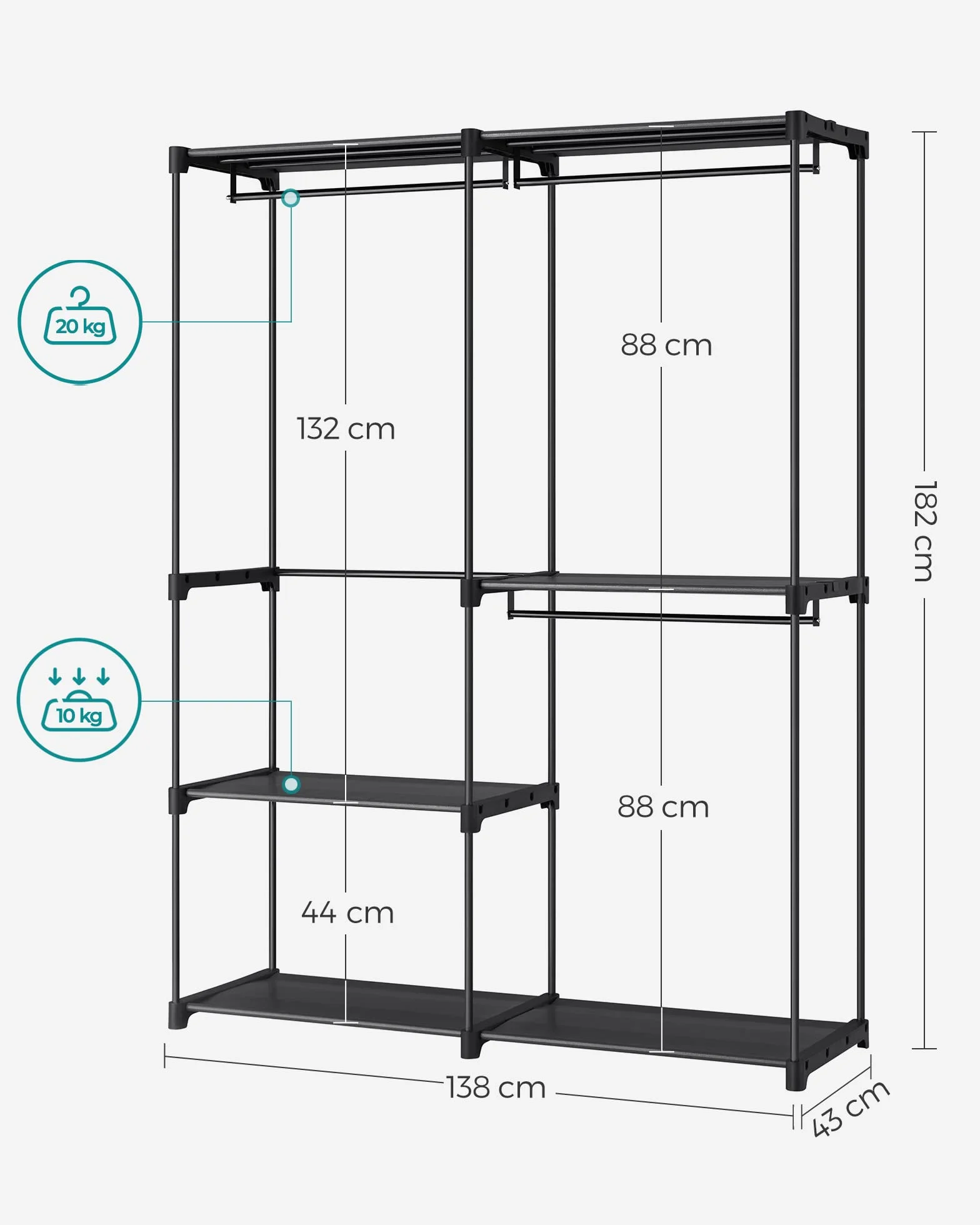 SONGMICS Szafka do przechowywania, składana szafa, garderoba, metalowa szafa, z drążkami do zawieszania, wieszak na ubrania, do garderoby, sypialnia, 138 x 43 x 182 cm, czarny tusz RYG25B02