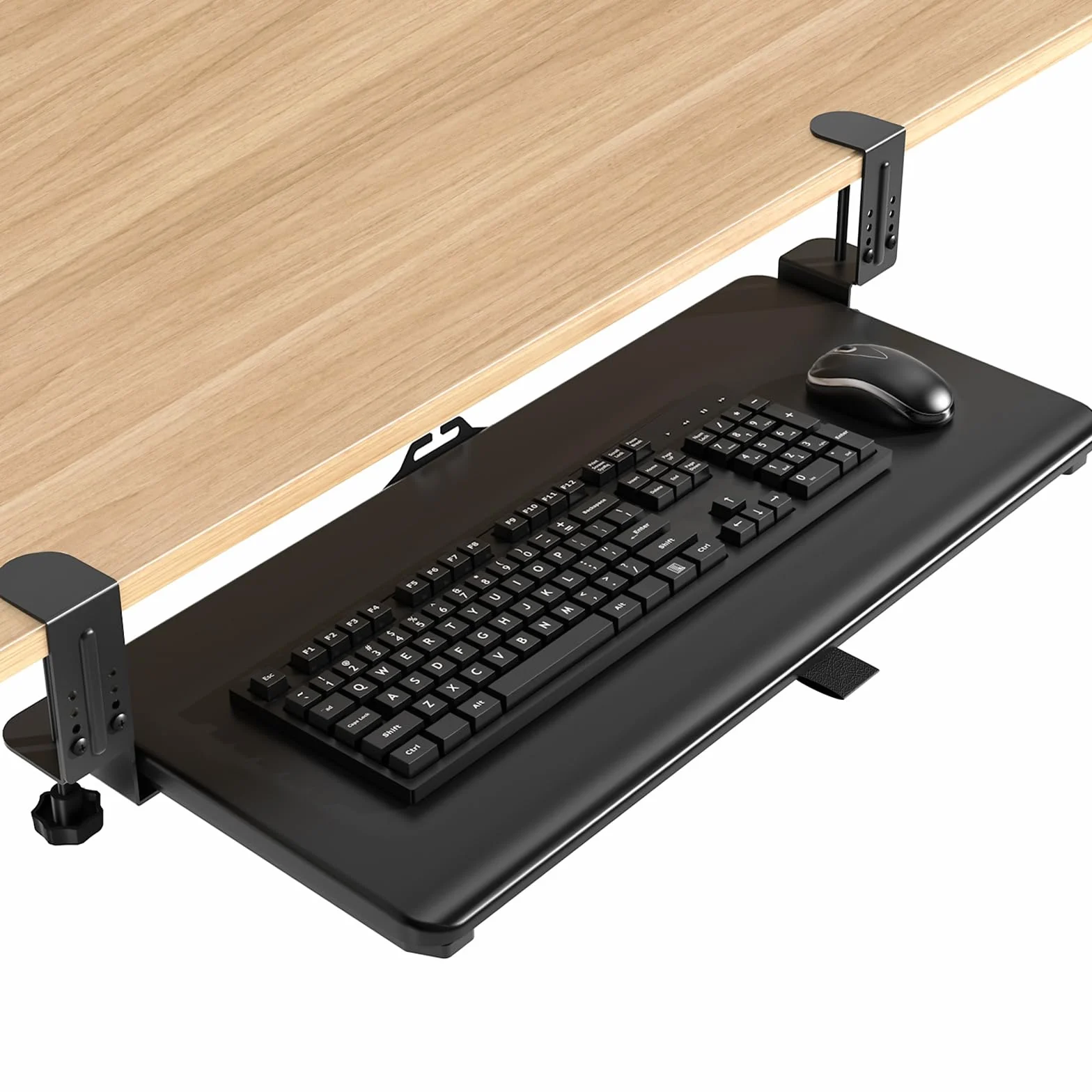 Półka na klawiaturę 670x300 mm czarna, stojak pod biurko, grubość blatu 8-50 mm