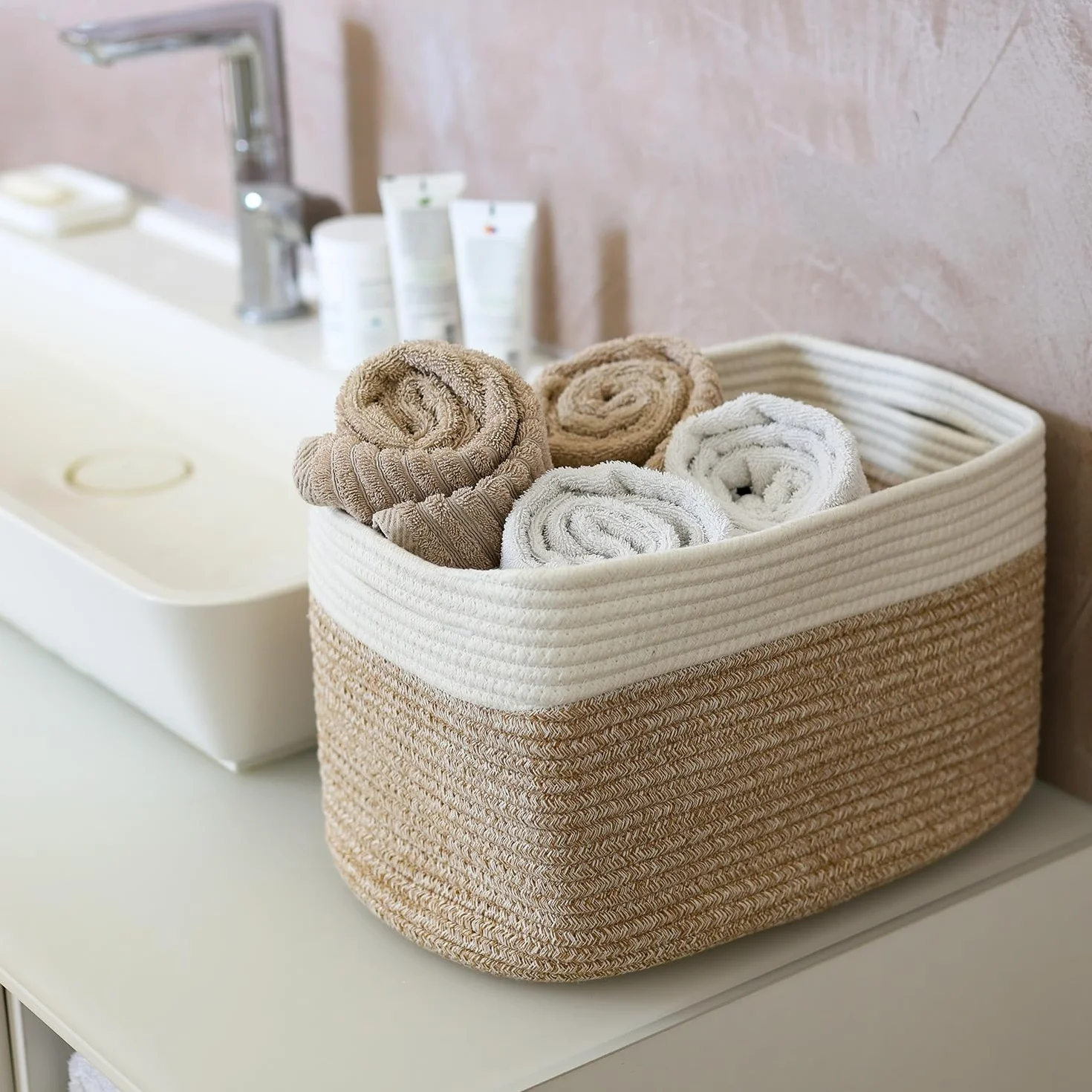 HMF Kosz do przechowywania z ukrytymi uchwytami, zestaw 3 sztuk, kosz bawełniany, 37,5 x 25 x 22,5 cm, biały/brązowy