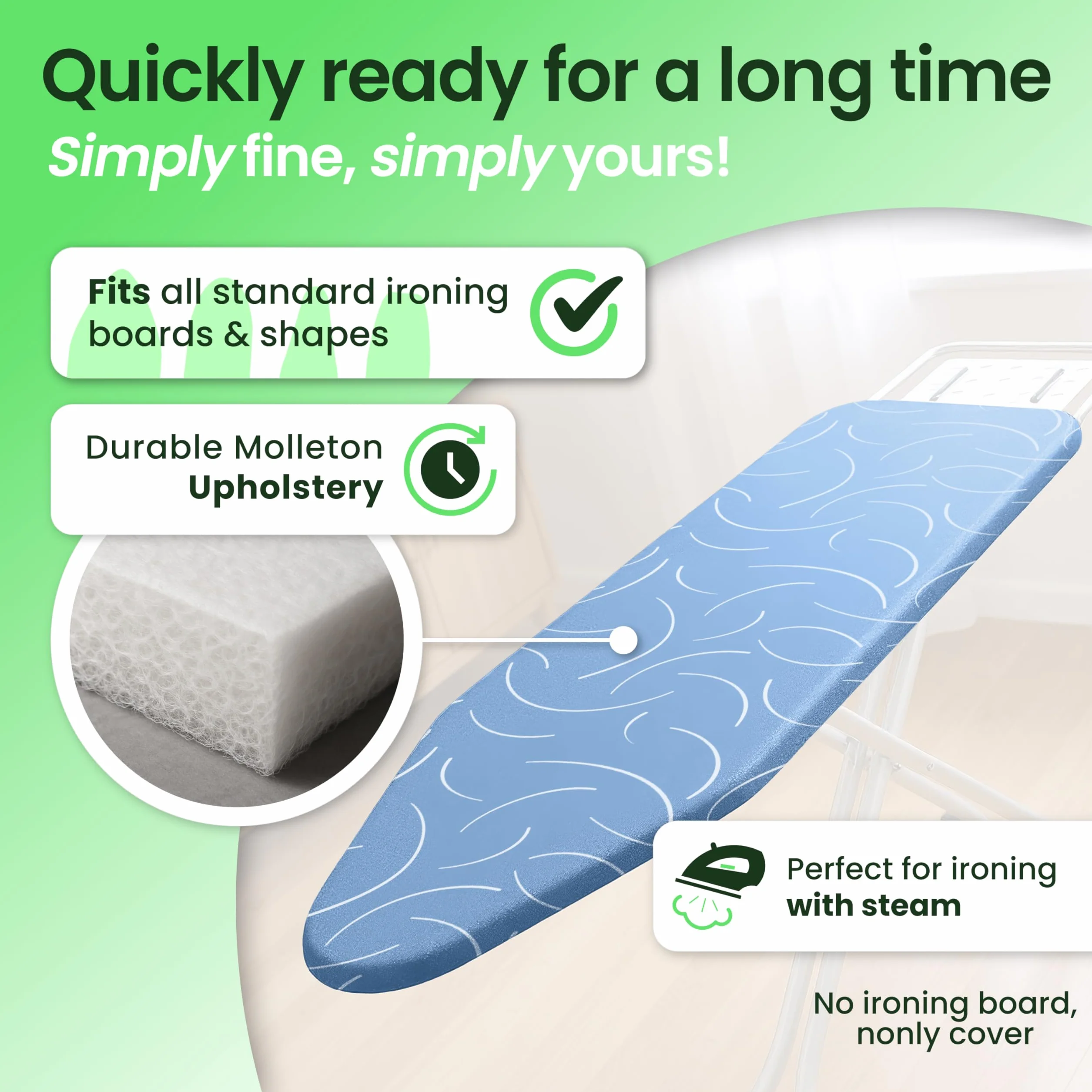 SimplySmooth Pokrowiec na deskę do prasowania premium 150x50 | OEKO-TEX 100 | Wyprodukowano w Niemczech | Pasuje do desek 145–150x45–50 cm | Kompatybilny ze stacją parową | Rozmiar XXL