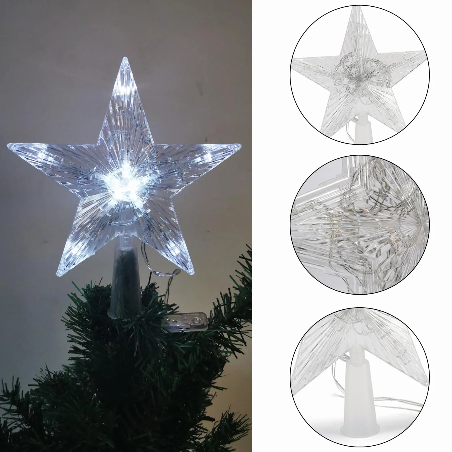Ozdoby choinkowe, czubek choinkowy z 10 diodami LED z wtyczką elektryczną – 16 x 16 cm, świecący pentagram, gwiazda na choinkę (białe światło, 16 x 16 cm)