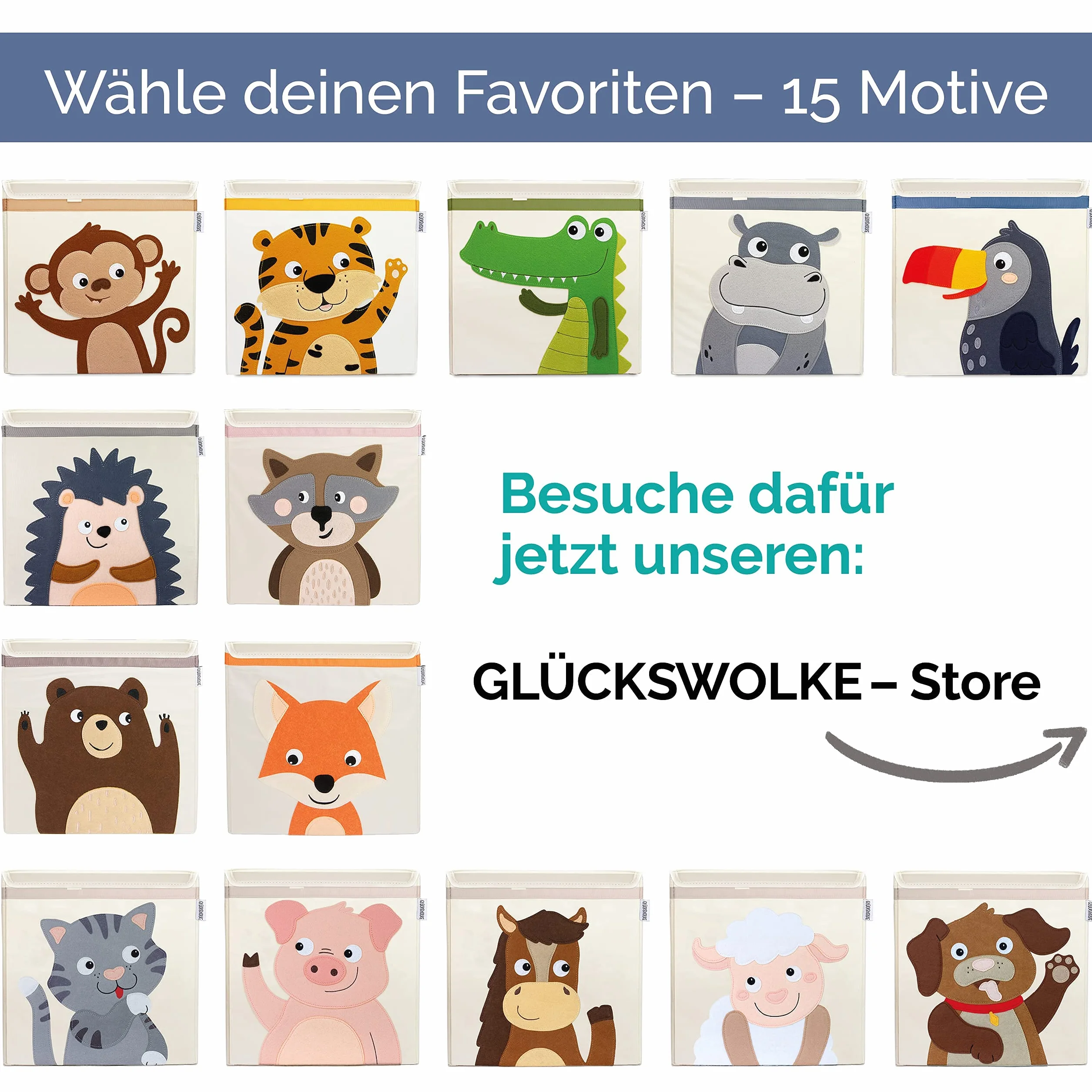 GLÜCKSWOLKE Pudełka do przechowywania dla dzieci 33x33xcm z pokrywą 15 motywów skrzynka na zabawki