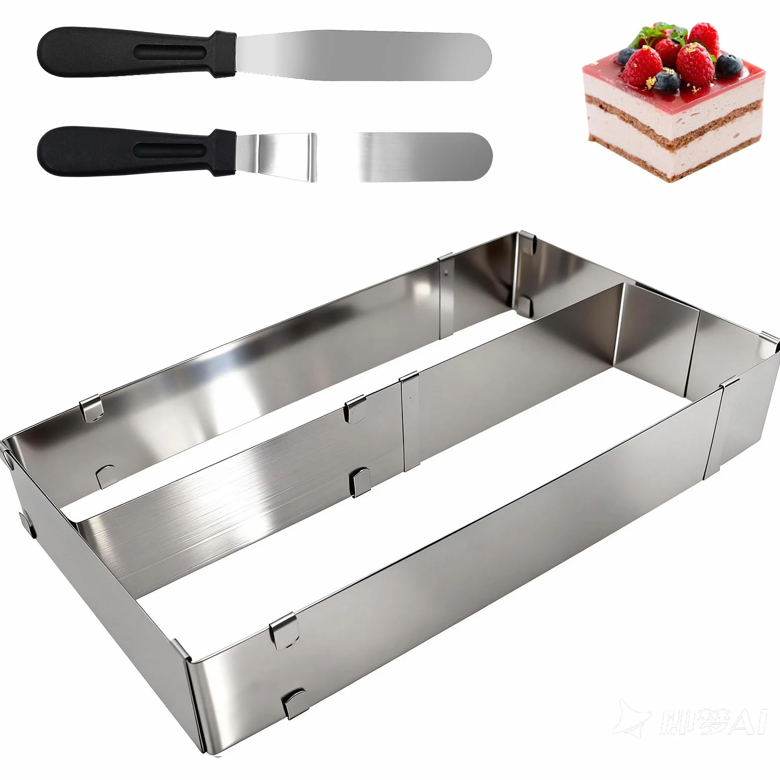 Prostokątna forma do pieczenia, regulowana, ze stali nierdzewnej, wysuwana, z dzielnikiem i 2 szpatułkami, kwadratowa forma do ciasta, nadaje się do mycia w zmywarce, do pieczenia
