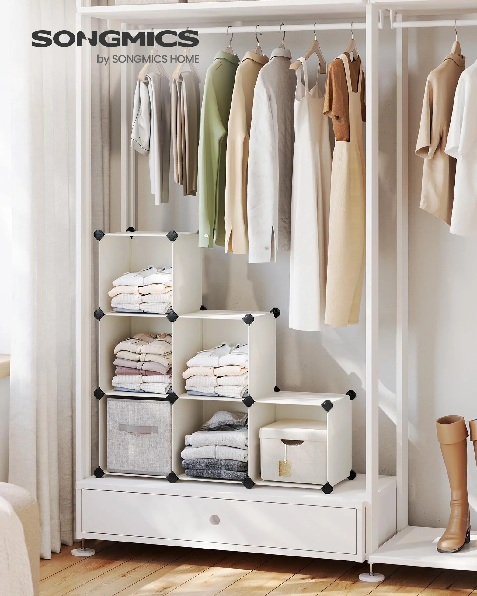 SONGMICS Modułowy organizer do przechowywania w kostce z tworzywa sztucznego, z nóżkami, stojak na buty, każda kostka 30 x 30 x 30 cm, do salonu, sypialni, gabinetu, z gumowym młotkiem, kremowo-biały
