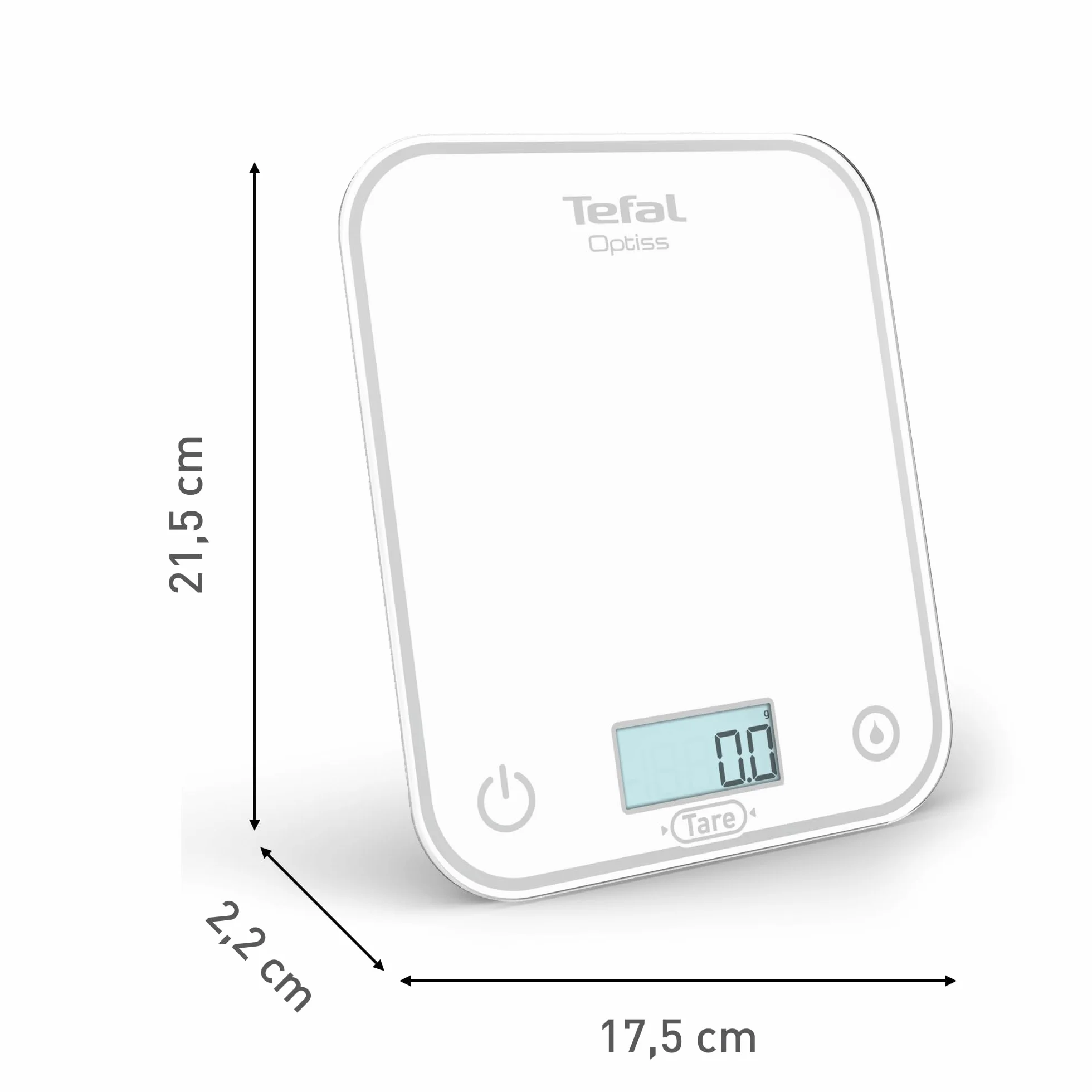 Tefal, Elektroniczna waga kuchenna, Optiss, czytelny podświetlany wyświetlacz, odporność na zarysowania, pojemność 5 kg, biała, BC50U0V0