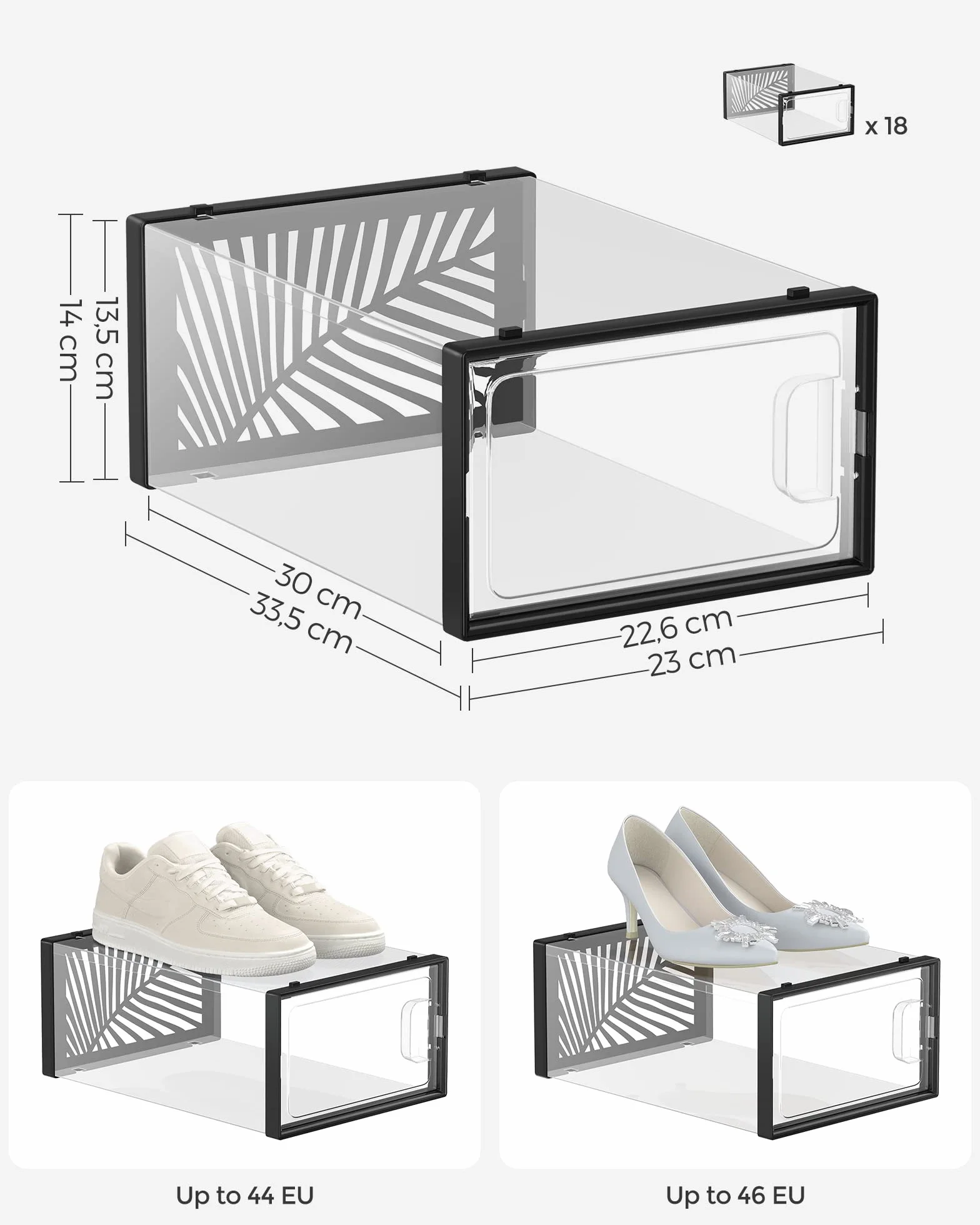 SONGMICS Pudełka na buty, zestaw 18 sztuk, organizer na buty, składane i układane w stos, na buty do rozmiaru 44, buty sportowe, wysokie obcasy, płaskie buty, przezroczysto-czarne, LSP106B18