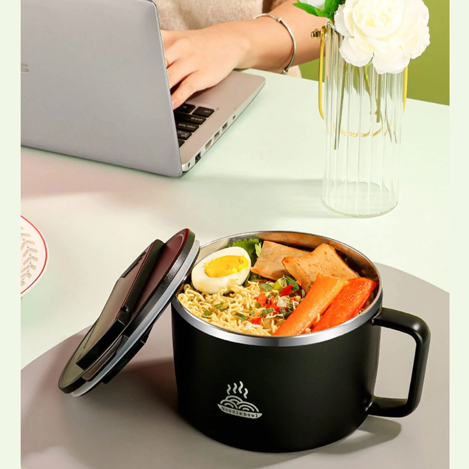 Mikrofalowa miska makaronowa, mikrofalowa miska ramen Zestaw z pokrywką Spork pałeczki 1200 ml przenośna miska zupa z uchwytem Uchwyt telefonu Instant Makoder Office for Dorm