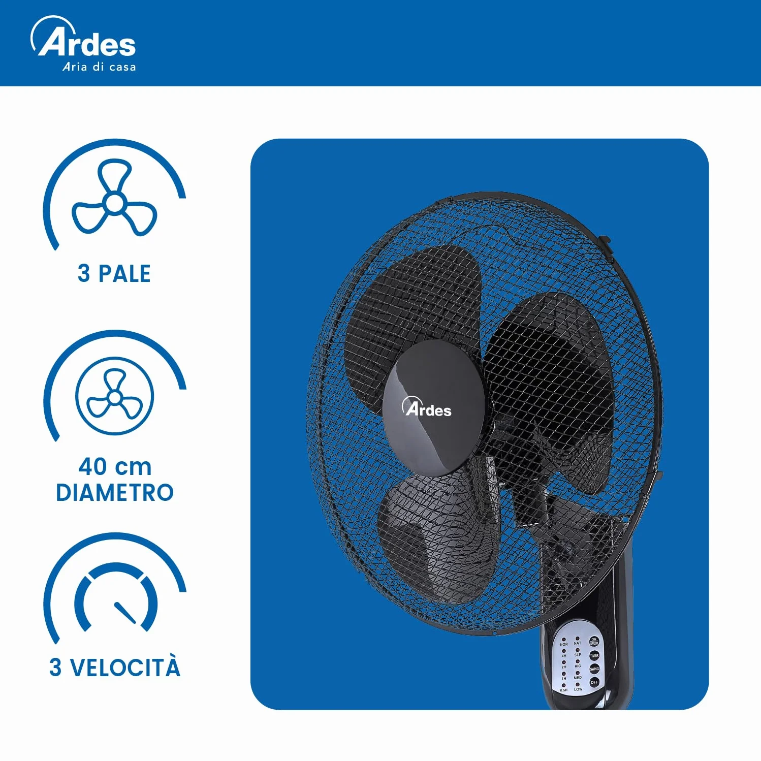 ARDES - Wentylator ścienny z 3 obrotowymi łopatkami (40 cm), pilot zdalnego sterowania, automatyczna oscylacja, regulowany timer i 3 poziomy prędkości, wentylator ścienny, czarny AR5W40R
