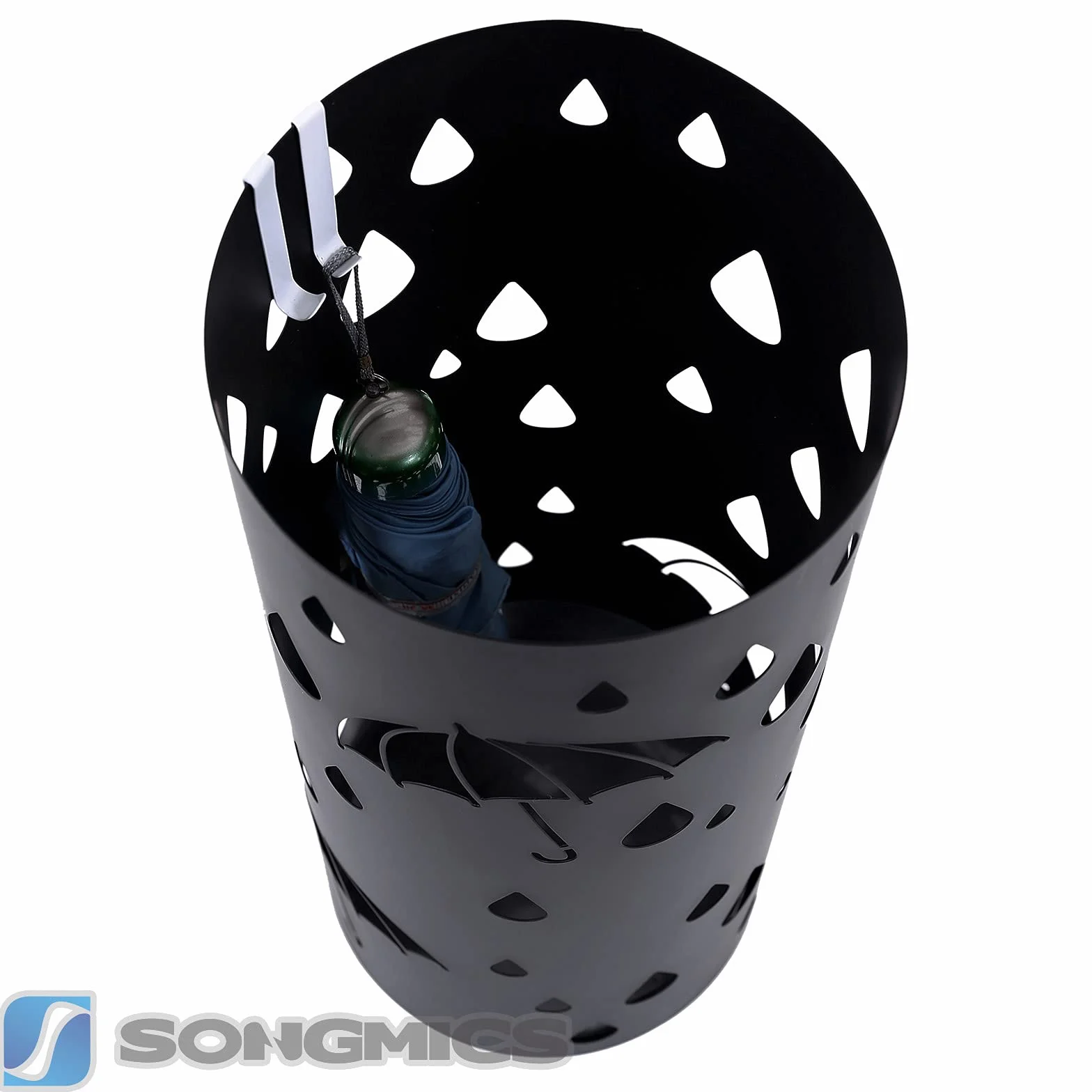SONGMICS LUC23B metalowy stojak na parasole, okrągła patera na wodę, wyjmowana, z haczykami, 49 x Ø 19,5 cm, czarny