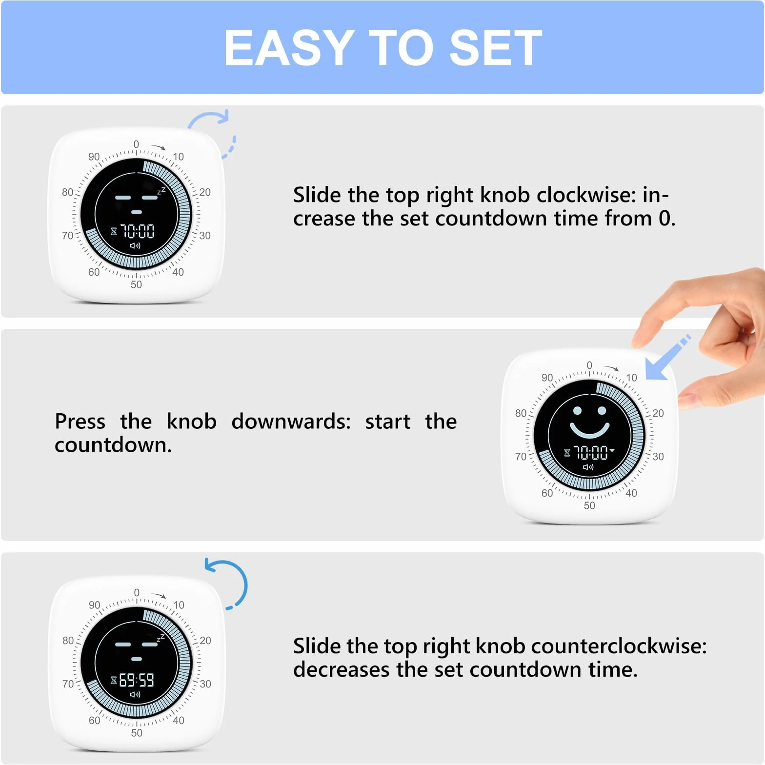 Cuteefun 100-minutowy wizualny timer Pomodoro z wyświetlaczem Smiley, szybkie przesuwanie, tryb wyciszenia i wibracji, regulowana głośność, krótki timer do kuchni i gabinetu