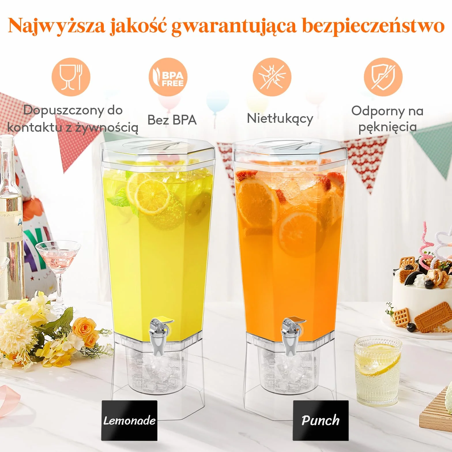 Lifewit 6L Dozownik Napojów z Kranikiem, Zestaw 2 Sztuki (w 1 opakowaniu) Plastikowy Dzbanek do Koktajli, Fontanna do Mrożonych koktajli z Podstawką na sok, Lemoniadę, Napoje Gazowane i Herbatę