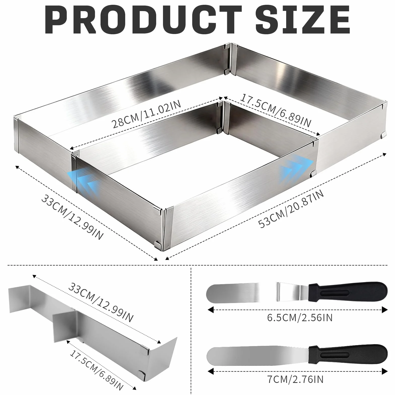 Prostokątna forma do pieczenia, regulowana, ze stali nierdzewnej, wysuwana, z dzielnikiem i 2 szpatułkami, kwadratowa forma do ciasta, nadaje się do mycia w zmywarce, do pieczenia