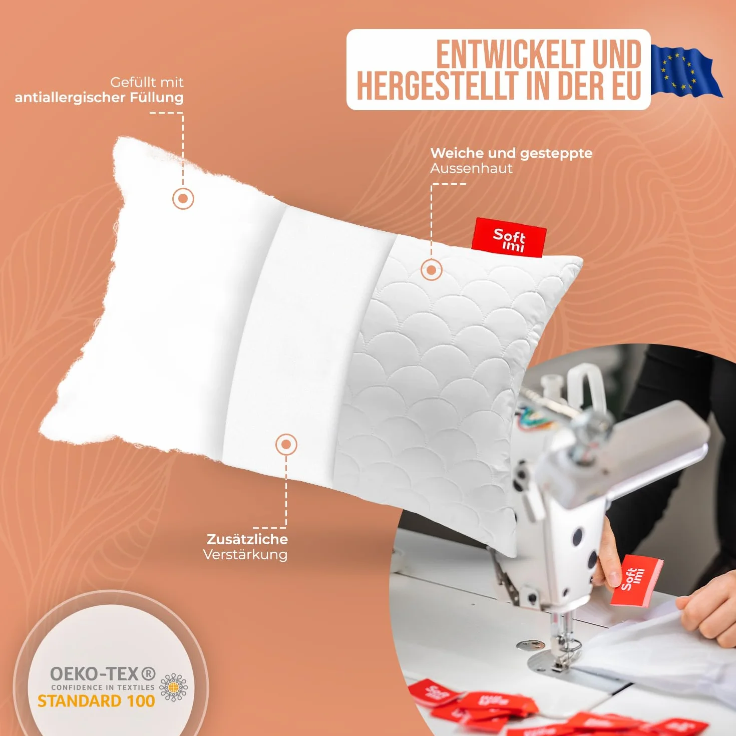 Pikowana poduszka premium SOFTIMI – antyalergiczna – antyroztoczowa – bezzapachowa do natychmiastowego użytku – z regulacją twardości (zestaw 2 szt. 50 x 60 cm)