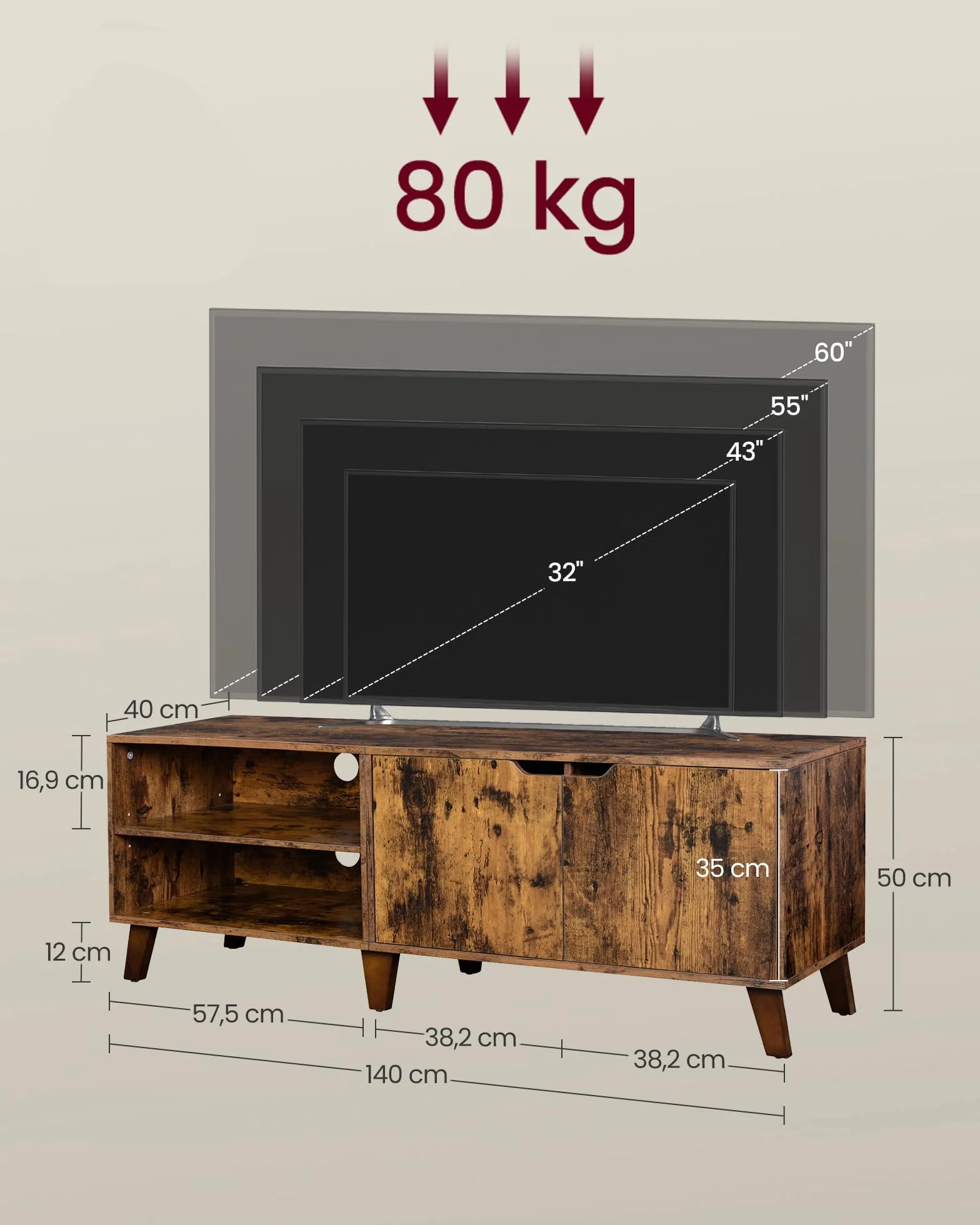 VASAGLE 2-drzwiowa szafka pod telewizor, stojak na telewizor z regulowanymi półkami, długość 140 cm, do telewizorów 65-calowych, salonu, jadalni, sypialni, rustykalny brąz LTV027X01