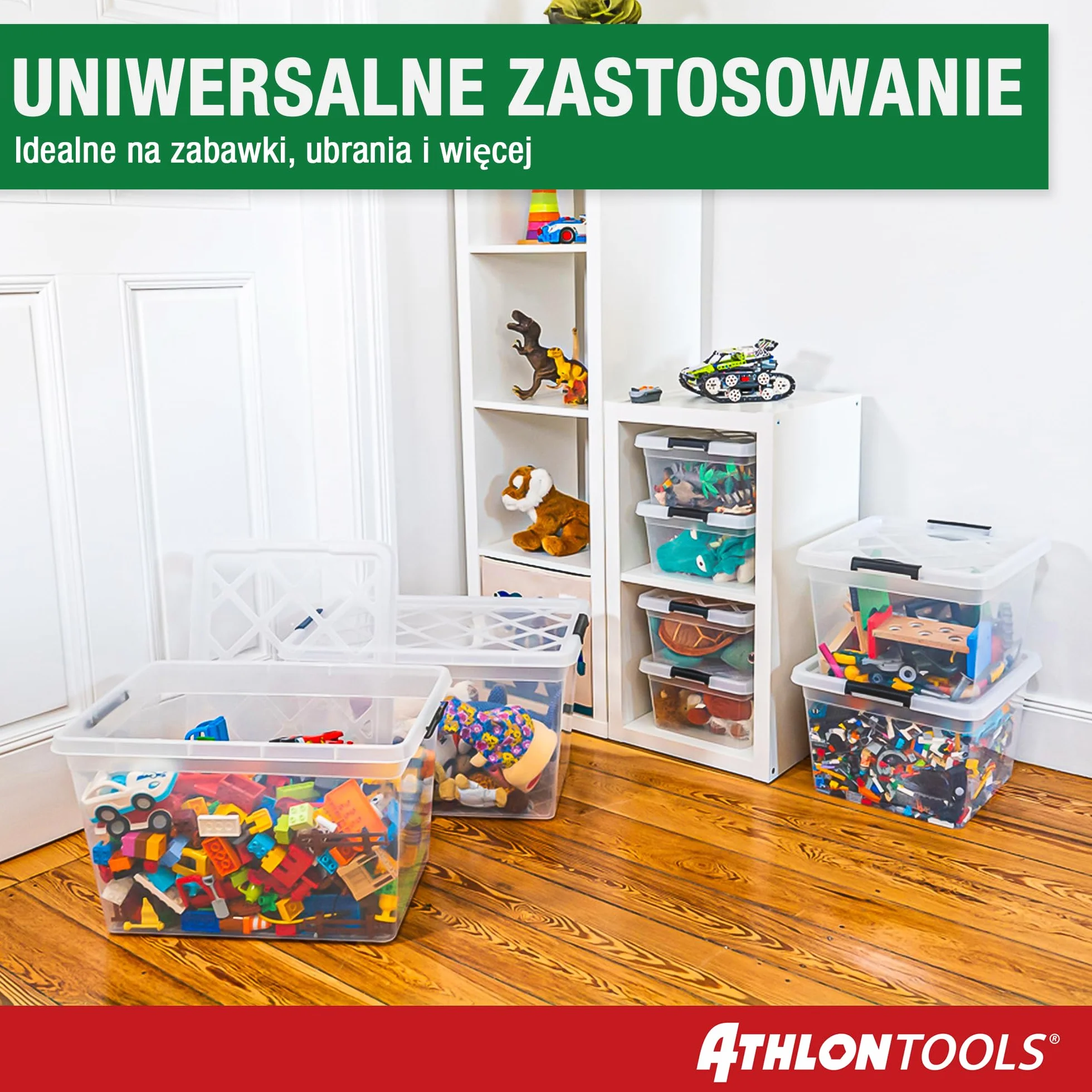 ATHLON TOOLS 4 x 12,5 l pudełka do przechowywania z pokrywką, przeznaczone do kontaktu z żywnością – klipsy zamykające – 100% nowe tworzywo sztuczne, przezroczyste