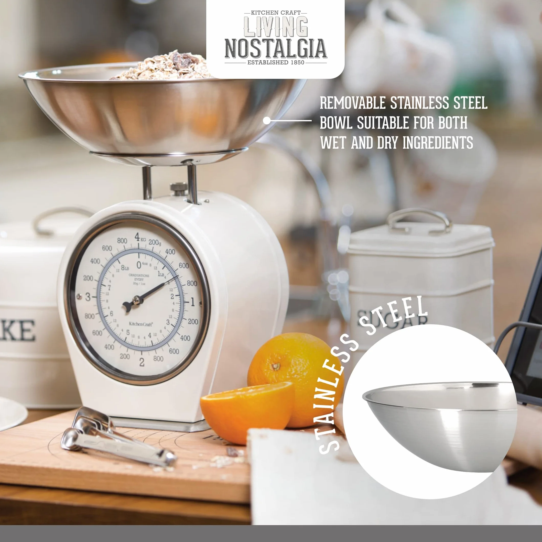 KitchenCraft Living Nostalgia, Mechaniczna Waga Kuchenna, Udźwig: 4 kg, ‎30 × 18 × 18 cm - Kolor Kremowy