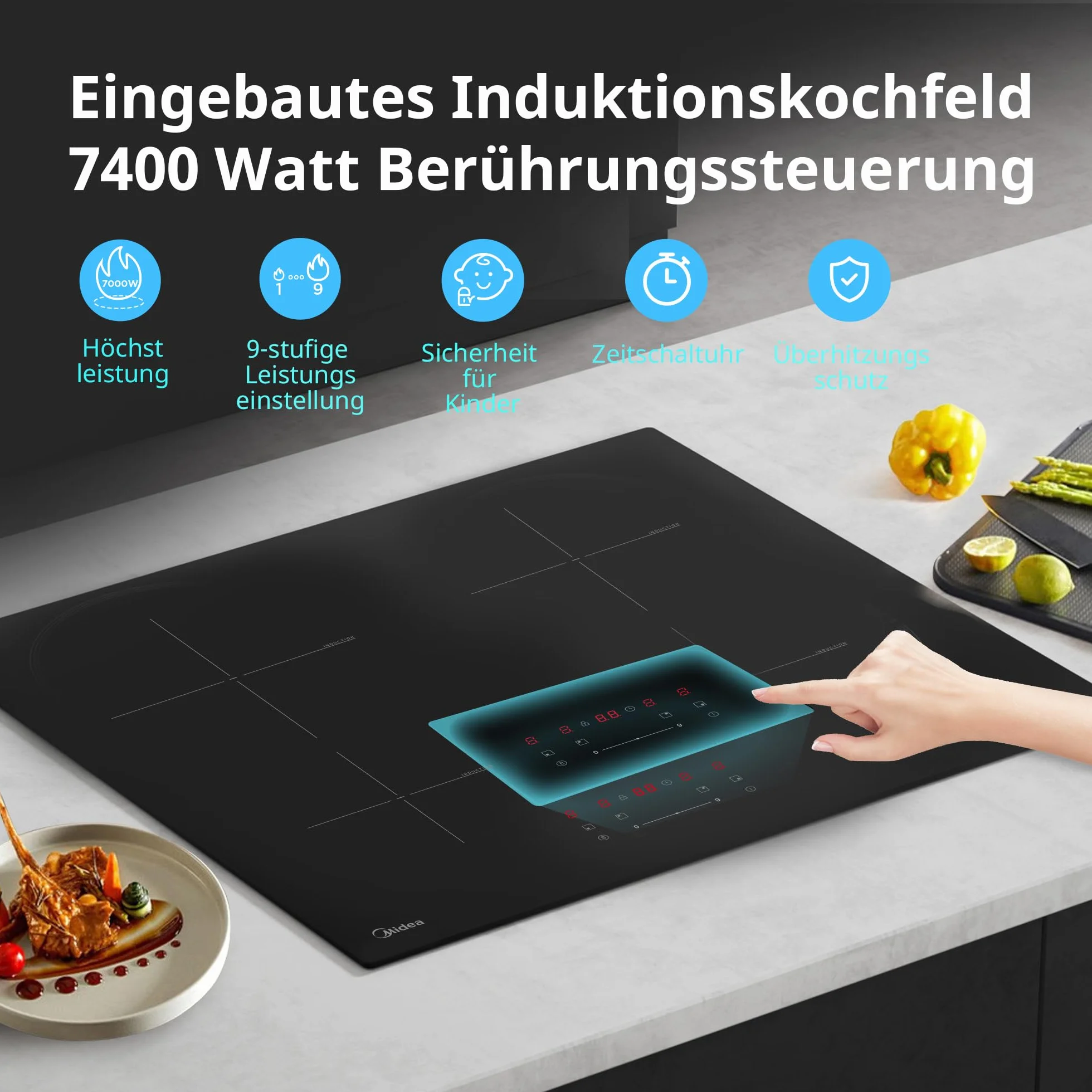 Midea Płyta indukcyjna 7400 W z 4 strefami grzewczymi, do zabudowy, ceramiczna, okablowanie, sterowanie dotykowe, automatyczne wyłączanie, zabezpieczenie przed dziećmi