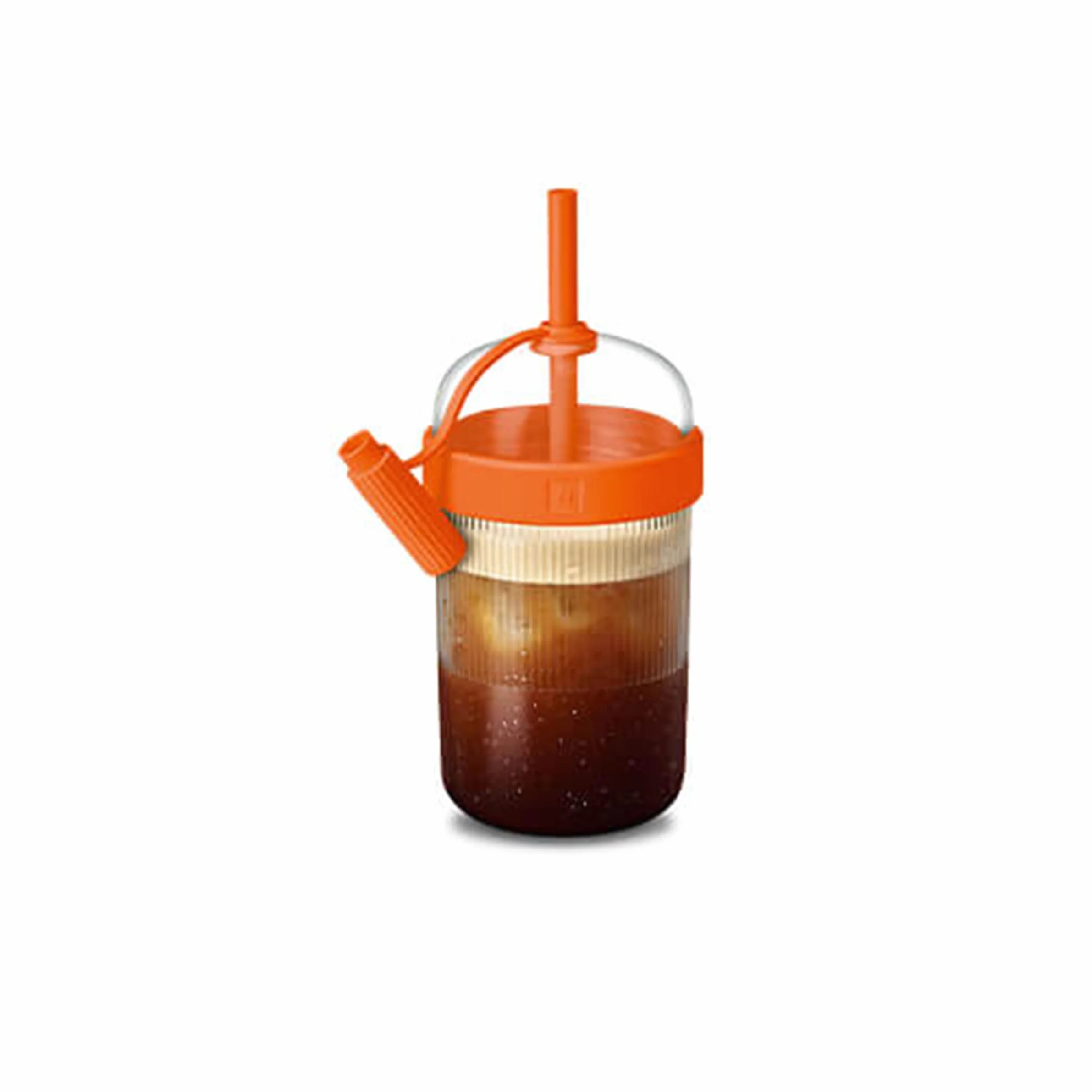 Nespresso Nomad Tumbler mandarynka, 540 ml, tritan, silikon, polietylen, szczelny, izolowany próżniowo, nowoczesny, przezroczysty, wielokrotnego użytku, cylindryczny, podróżny, zimne napoje, kubek