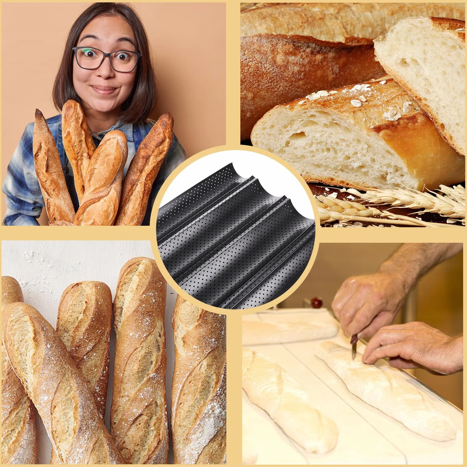 ASelected Blacha do pieczenia bagietek, z powłoką zapobiegającą przywieraniu, forma do pieczenia bagietek, 4 bagietek, forma do pieczenia chleba, perforowana, blacha bagietek, bułeczki z 4