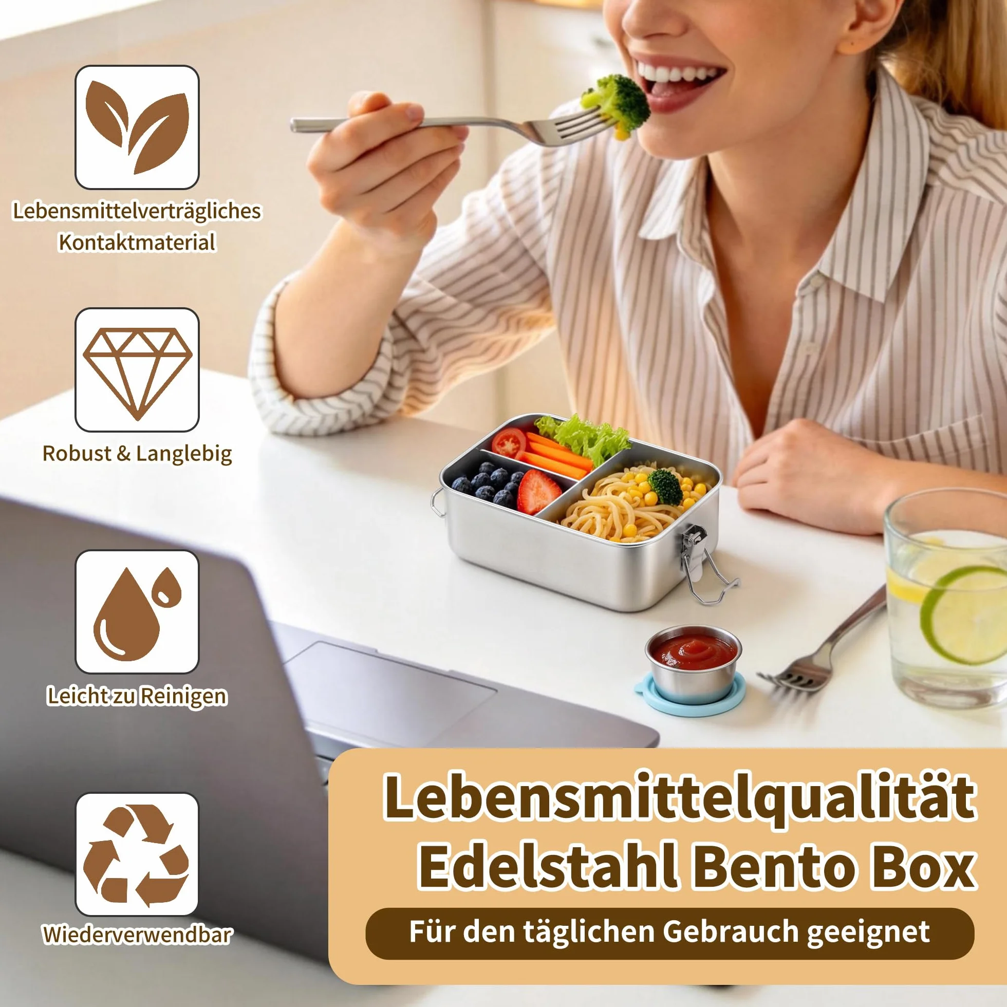 Joyfair Pudełko śniadaniowe z przegródkami, stal nierdzewna z 3 przegródkami, metalowe pudełko na lunch z szczelnym pojemnikiem na sosy, na kemping, piknik, podróż i pracę, nadaje się do mycia w