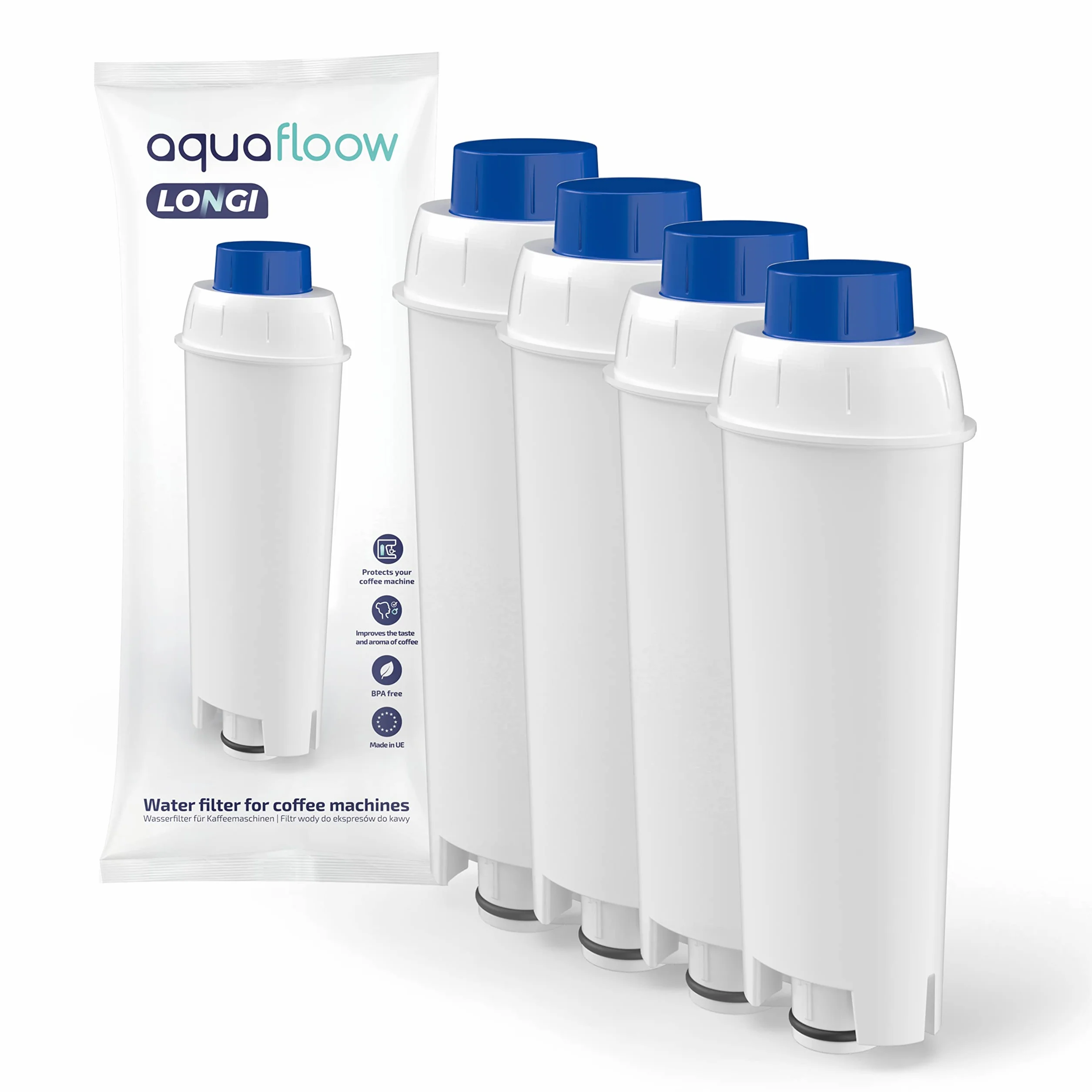 Aquafloow filtr do wody zamiennik do DeLonghi DLSC002, SER3017 i 5513292811 ekspresów do kawy – w tym wersje serii ECAM, ESAM, ETAM (4-pak)
