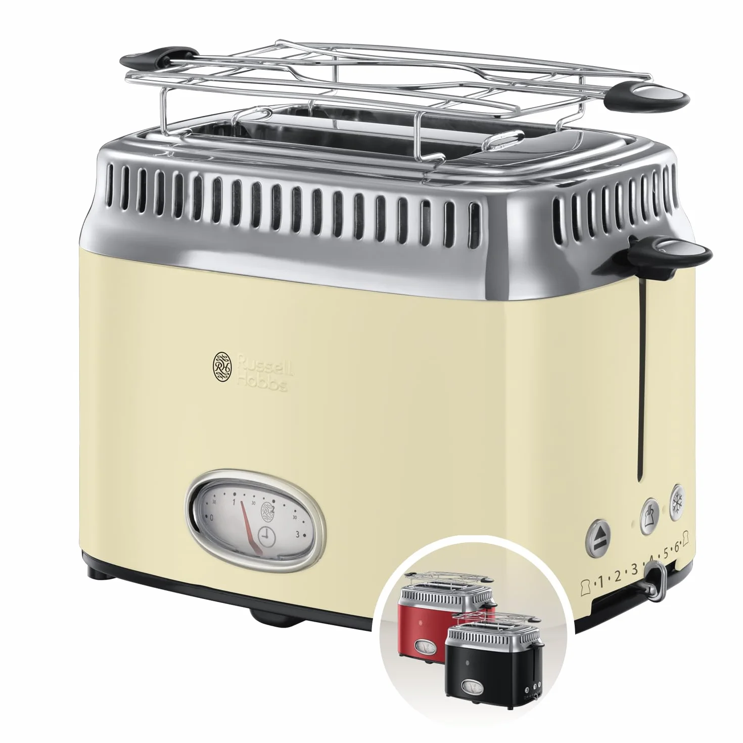 Russell Hobbs toster, szerokie otwory, regulacja stopnia pieczenia, funkcja podnoszenia tostów, funkcja rozmrażania, wskaźnik temperatury, tacka na okruchy, moc 1300W, kremowy, Retro Vintage 21682-56