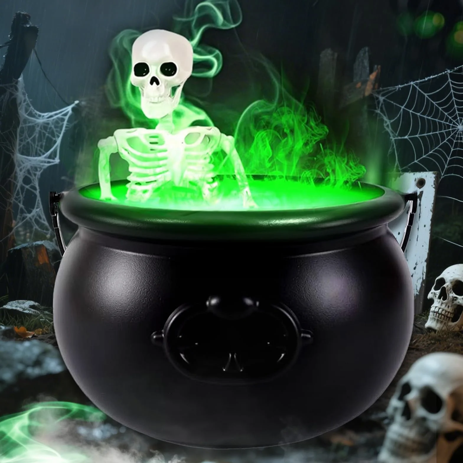 KEELYY Dekoracyjny kocioł czarownicy na Halloween, ze szkieletem, diodami LED i wytwornicą mgły, garnek czarownicy z dyfuzorem mgły, duży czarny czarownic Cauldron, kocioł dekoracyjny na Halloween