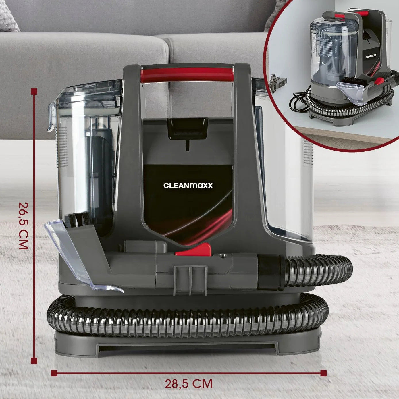 CLEANmaxx Środek do czyszczenia dywanów i tapicerki Compact Plus | odkurzacz do prania wraz z EASYmaxx środek do czyszczenia dywanów | odkurzacz na mokro i odkurzacz do prania, nadaje się do sofy