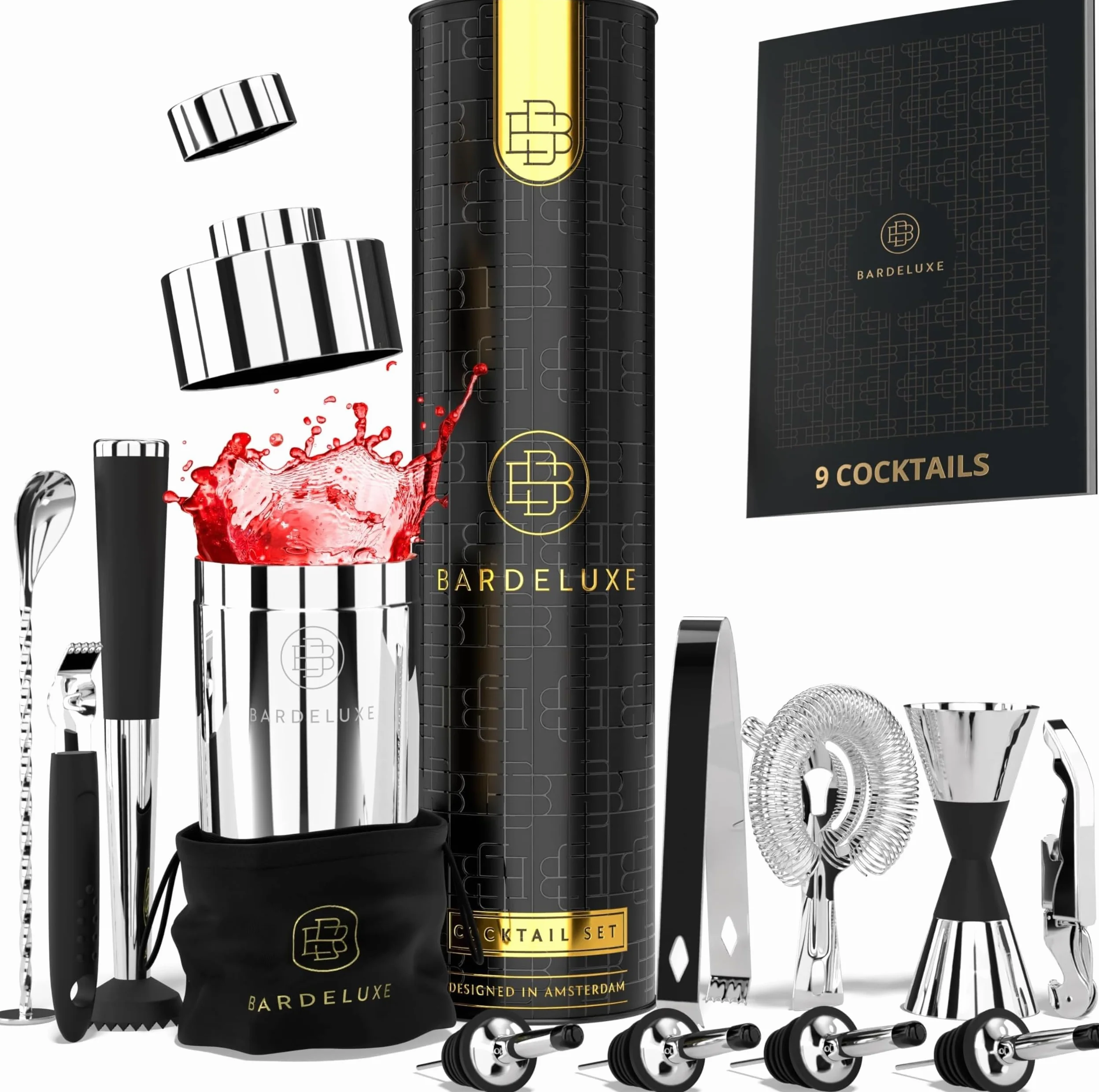 BarDeluxe® Zestaw Barmanski, 12-częściowy, Zestaw Koktajlowy, Shaker do Koktajli 750 ml | W Zestawie Eleganckie Pudełko Upominkowe, Torba do Przechowywania i Książka z Przepisami (Srebro)