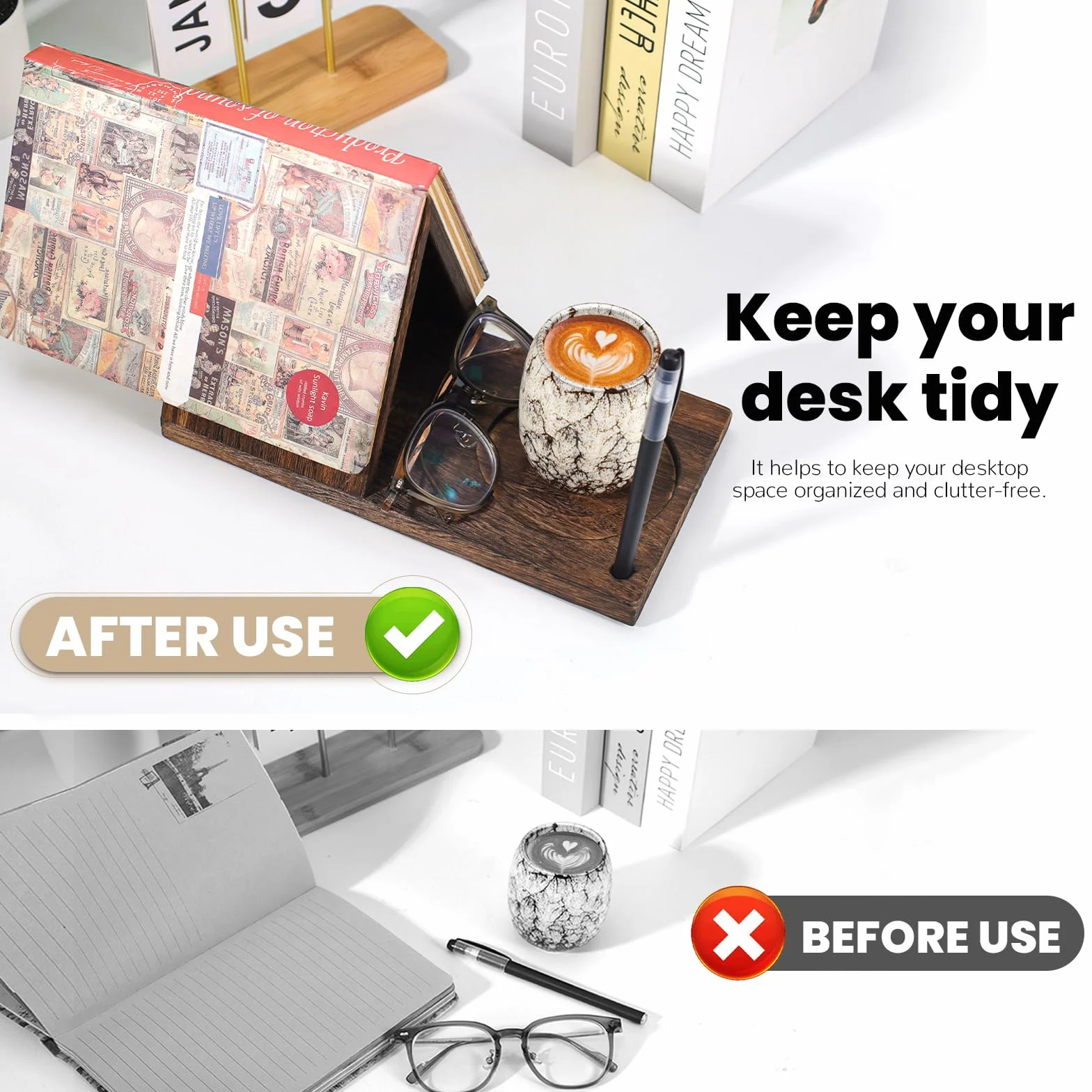 Yitexin Trójkątna drewniana podpórka na książki z uchwytem na kubek, stojak do czytania