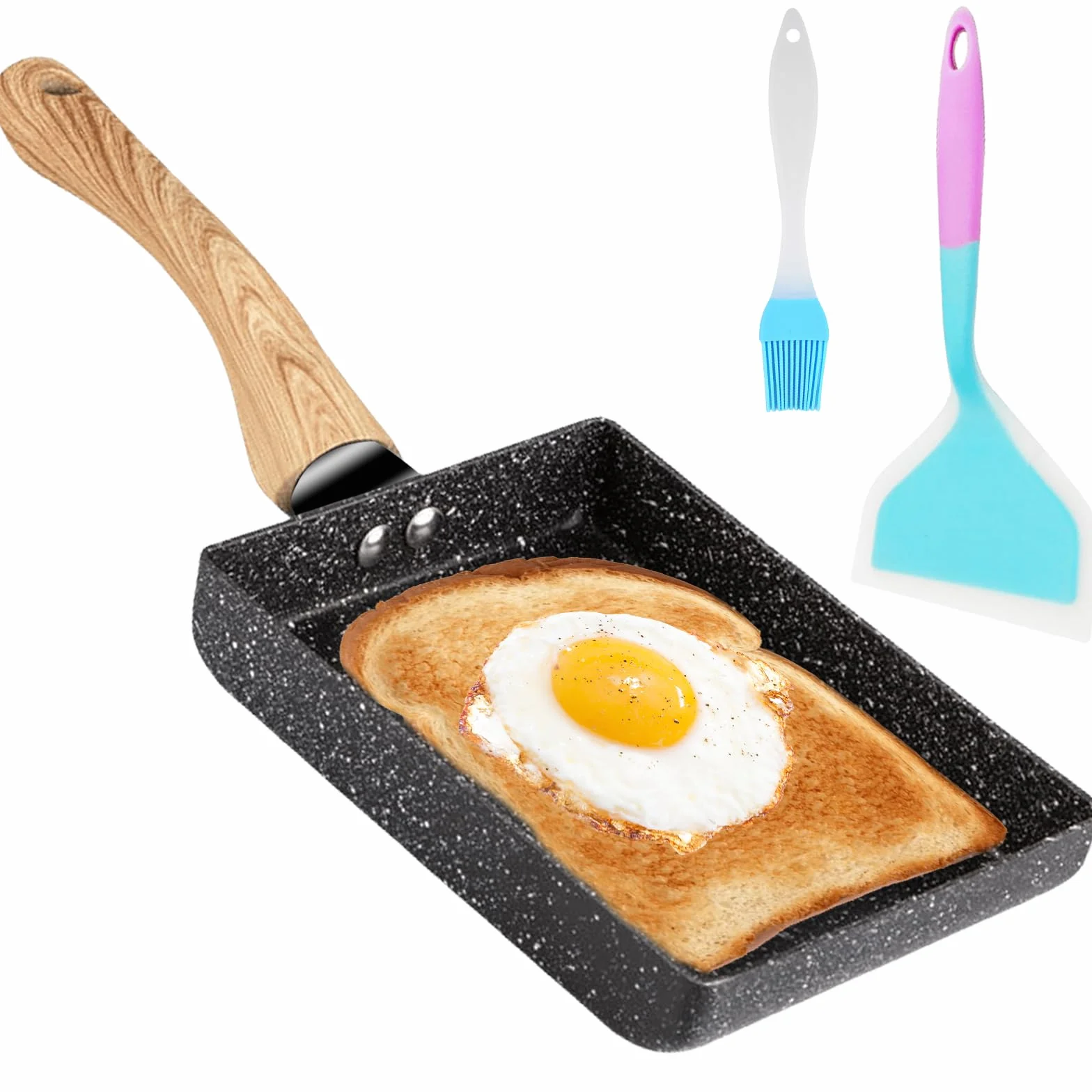 GBKDQQ Tamagoyaki Patelnia do omletów, nieprzywierająca, prostokątna, japońska patelnia do wszystkich rodzajów kuchenek, piekarnika i mycia w zmywarce, w zestawie szczotka do oleju, silikonowa
