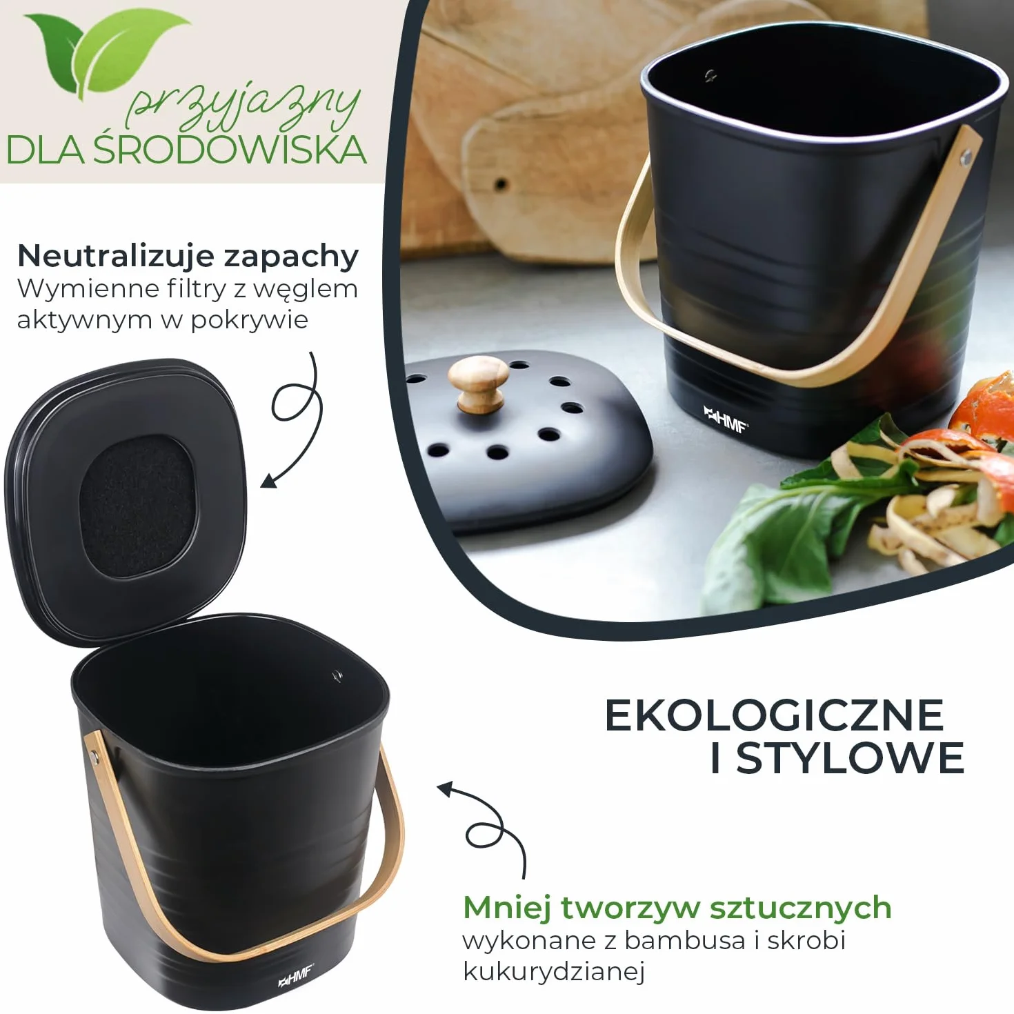 HMF Ekologiczny kosz na odpady kuchenne, bezzapachowy kosz na kompost z pokrywką, 3 litry, czarny