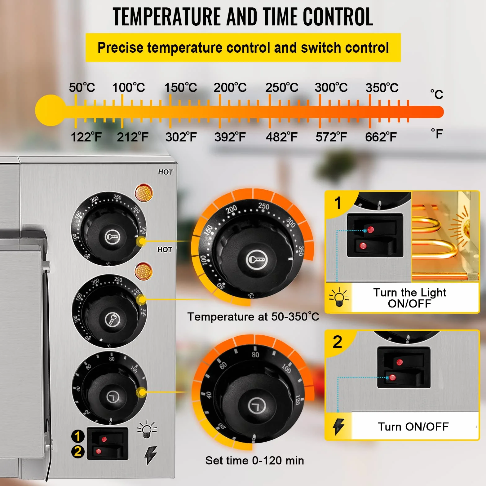 VEVOR Elektryczny piec do pizzy na desery, mięso, ryby, jednokomorowy 2000W, oświetlenie wewnętrzne, piekarnik elektryczny z regulacją temperatury 50-350 ℃ Kamień do pizzy o średnicy 14 cali, Srebrny