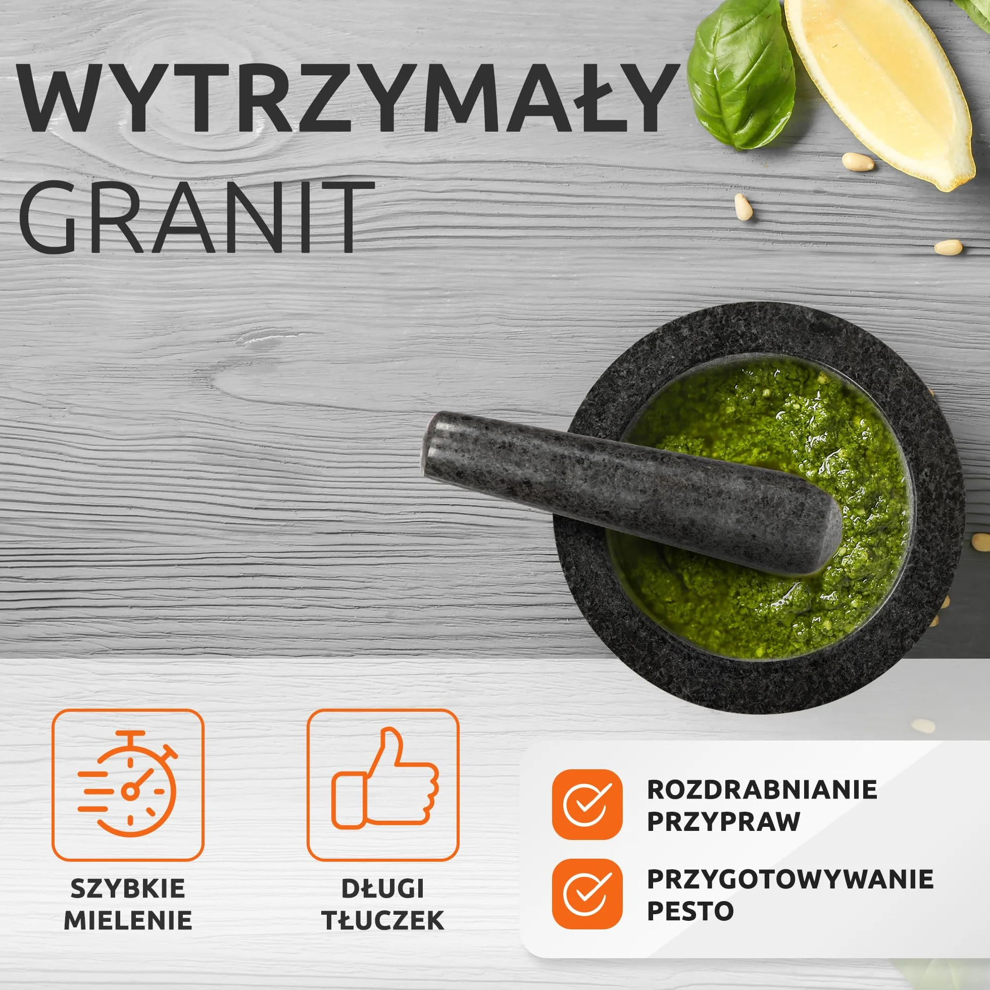 ECENCE Drewniany i Granitowy Moździerz i Tłuczek Zestaw tłuczków i Moździerzy do Przypraw dla Doskonałego Kruszenia Duży Kamienny Moździerz i Tłuczek Granit i Drewno Akacjowe Ø15,5cm
