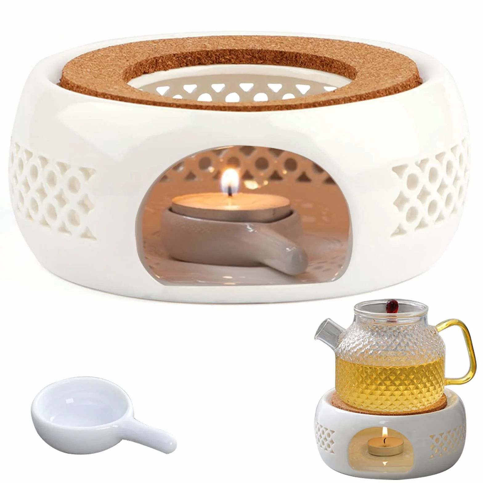 Ceramiczny podgrzewacz do dzbanka do herbaty, podgrzewacz z korkową poduszką/świecznikiem, rzeźbione wzornictwo, do ogrzewania, podgrzewacz do kawy, może podgrzać dzbanek do herbaty i utrzymać