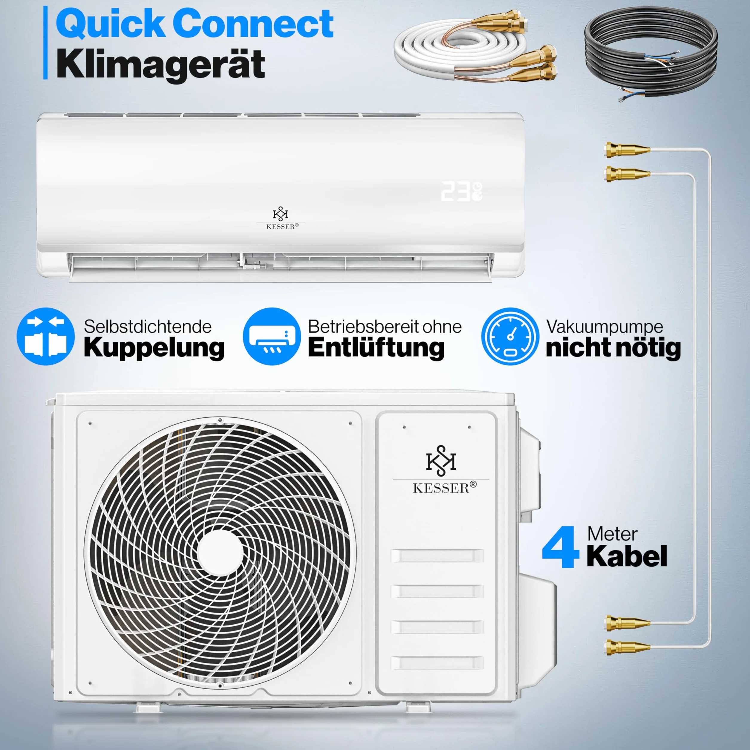 KESSER® Klimatyzator Split 12000 BTU – inteligentny klimatyzator, tryb ogrzewania i chłodzenia, klimatyzator ścienny z funkcją Wi-Fi/aplikacji, duża wydajność chłodzenia, osuszacz powietrza i