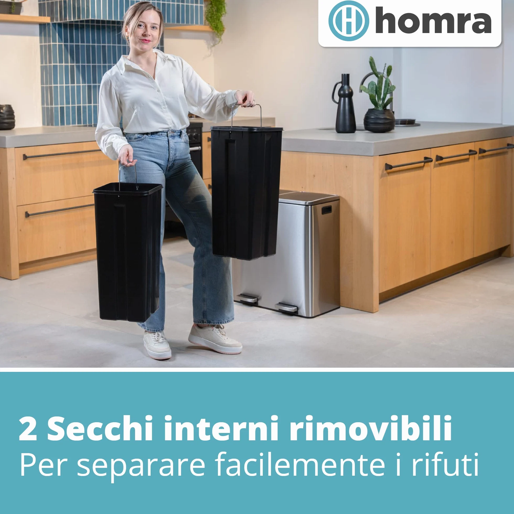 Homra Kosz na śmieci 60 litrów Quickx | Kosz na śmieci Tri Selective 2 Tace 2x30l | Kosz na śmiec z dwoma komorami | Kosz na śmeci z wewnętrznymi wiaderkami | Pojemnik na śmieci | Stal nierdzewna